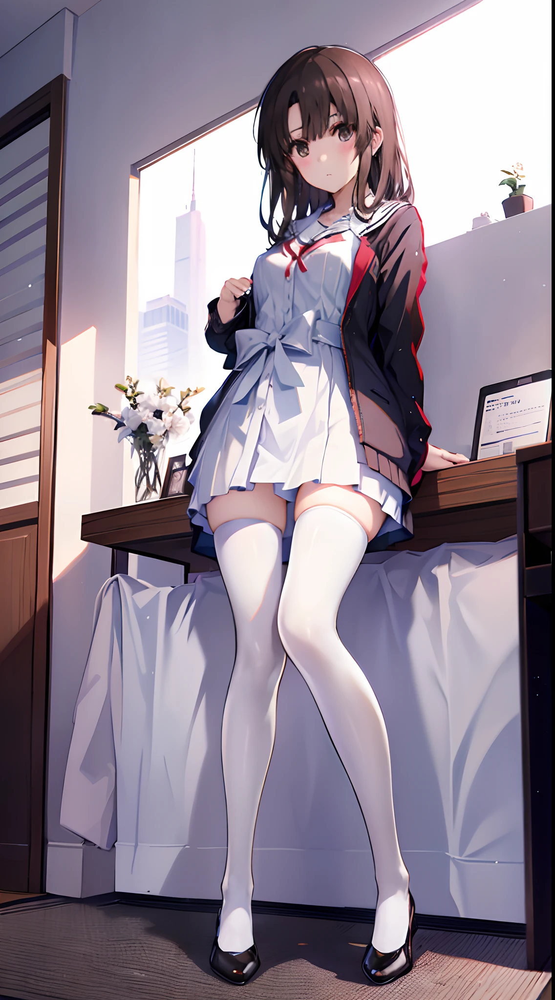 Mature and slender body shape1Japan of people16Year old girl、独奏、Long brown hair that is slightly disheveled、Full body from head to leg、Composition from slightly below、Standing facing the front、small tits、High school girl in underwear、Black tights、White bra、white panties、Black pantyhose、(Black_pantyhose):1.2)、Show white panties through stockings、Wearing black pumps、Bedrooms、inside in room、during daytime、blushing、looking at the viewers、Panchira、Composition from the front、watching at viewers、Slender feet、Slender thighs、White panties are visible