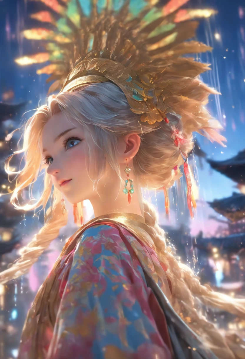(8k, RAW photo:1.2), ultra high res, dramatic angle, (fluttered detailed color splashs), (((1 girl))), (long hair), (rain:0.9), (Headgear: 1.4), There is an ancient palace beside the girl, Hanfu, (Emphasis), Color ink painting, (splash color), Splash color, (((colorful))), (Sketch: 0.8), beautiful painted, highly detailed, (denoising:0.6), [splash ink], ((ink refraction)), (beautiful detailed sky), moon, highly, detaild, (masterpiece, extremely detailed） CG unity 8k壁纸, masterpieces, ultra detailed), (Stone garlic), , blonde hair, (illustration), Gothic art, cinematic lighting, ray tracing, character chart, best quality, Masterpiece, best quality, best quality, best quality, UHD, super detail, high details, high quality, best quality --v6
