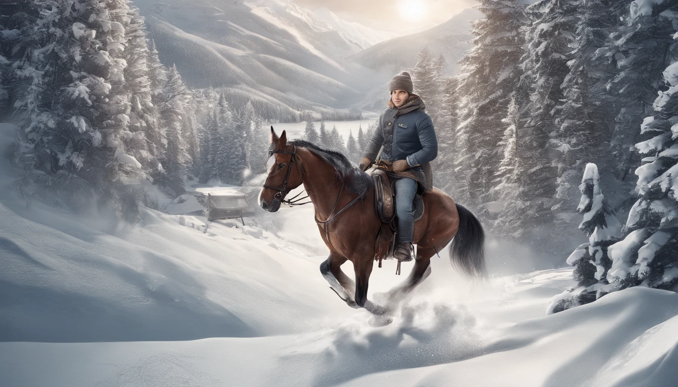 A young man rides a horse in the snow, high-quality face