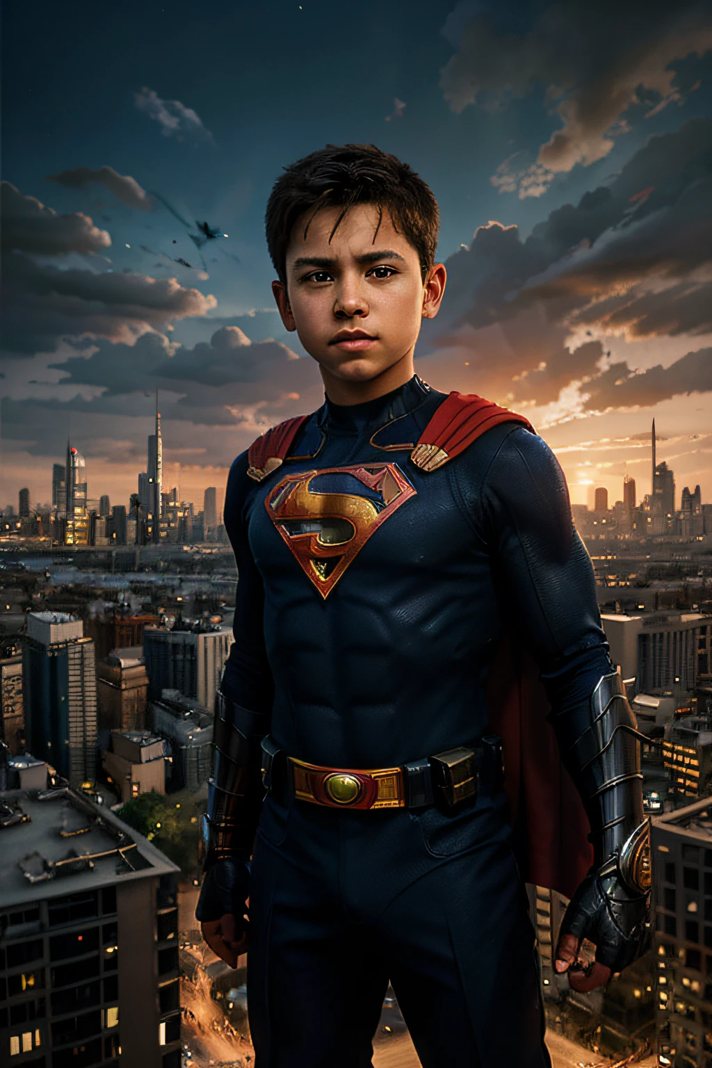 a 9-year-old hero boy,brave and courageous,protecting his city,best quality,ultra-detailed,realistic:1.37,painting,cityscape,skyline,skyscrapers,beautiful sunset,streets bustling with activity,heroes and villains,superpowers, vibrant colors, dramatic lighting