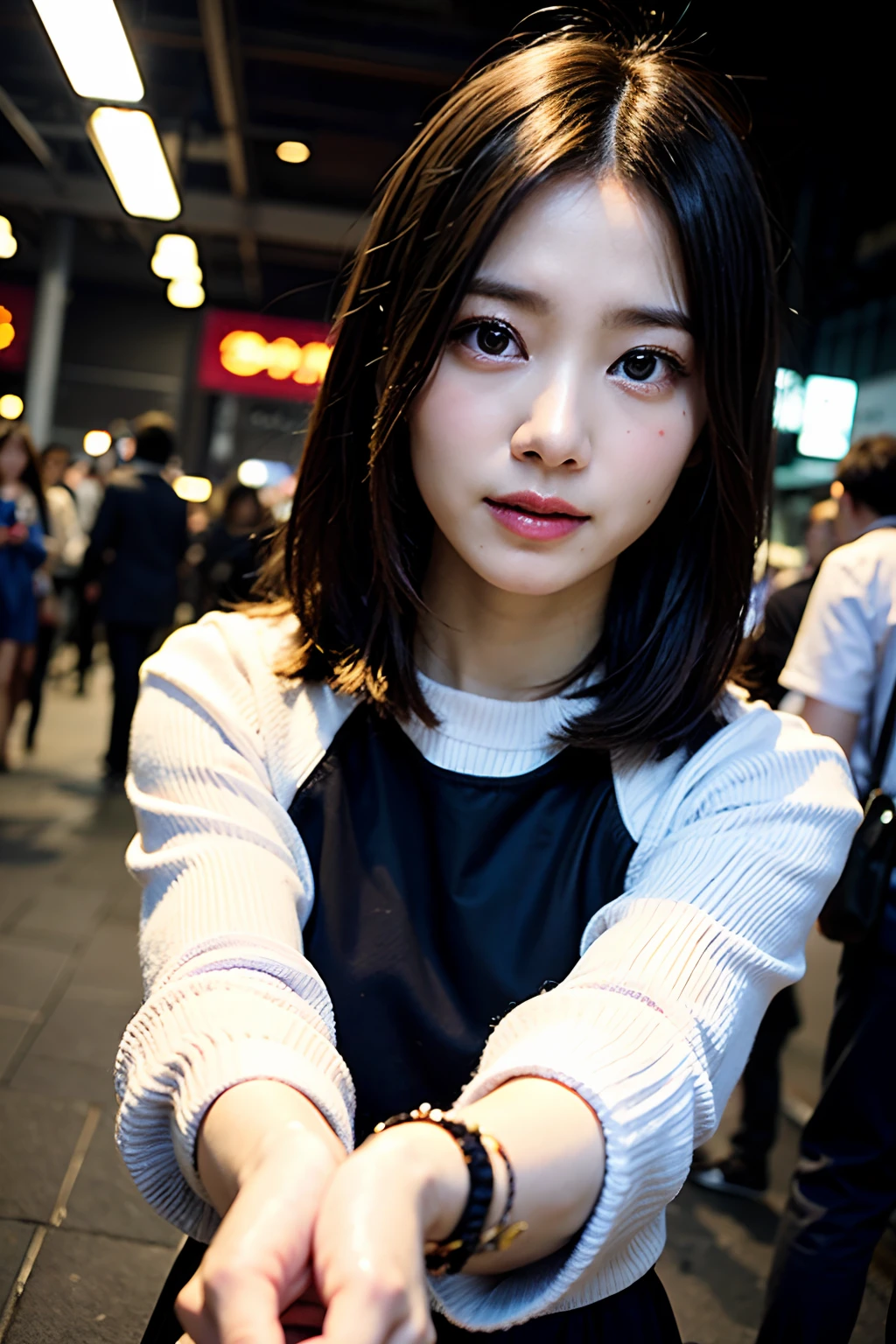 Ordinary woman in plain clothes、Black clothe、Harsh flash photography、[photos realistic]!!,Candid flash photography、magnifica、Masa Nakayama、flash photo、Sui Ishida、Put your hands together next to your face、Overlapping hands、adult lady、、Promotional photos、Beautiful clothes、age 30s