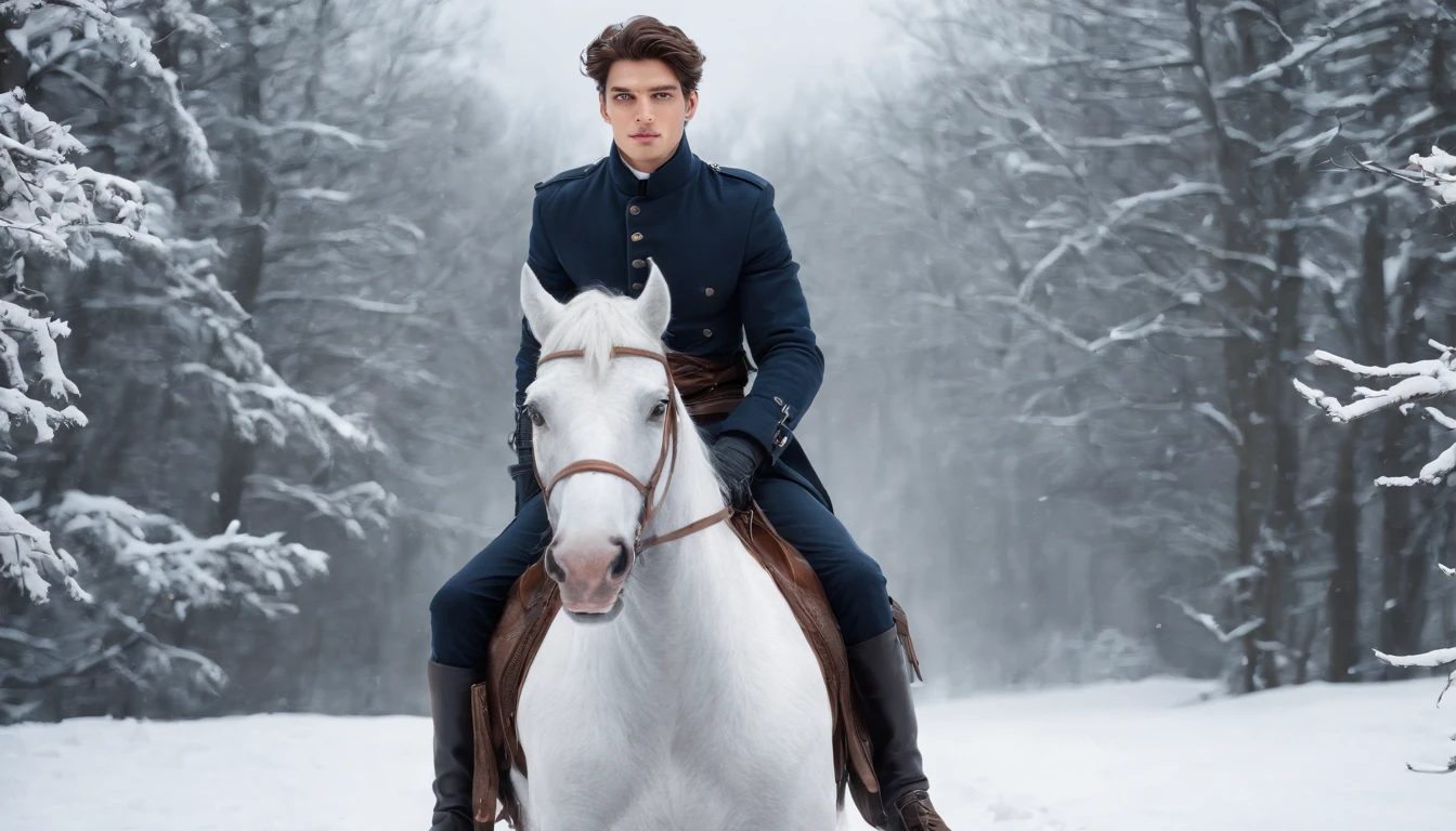 A young man rides a horse in the snow, high-quality face