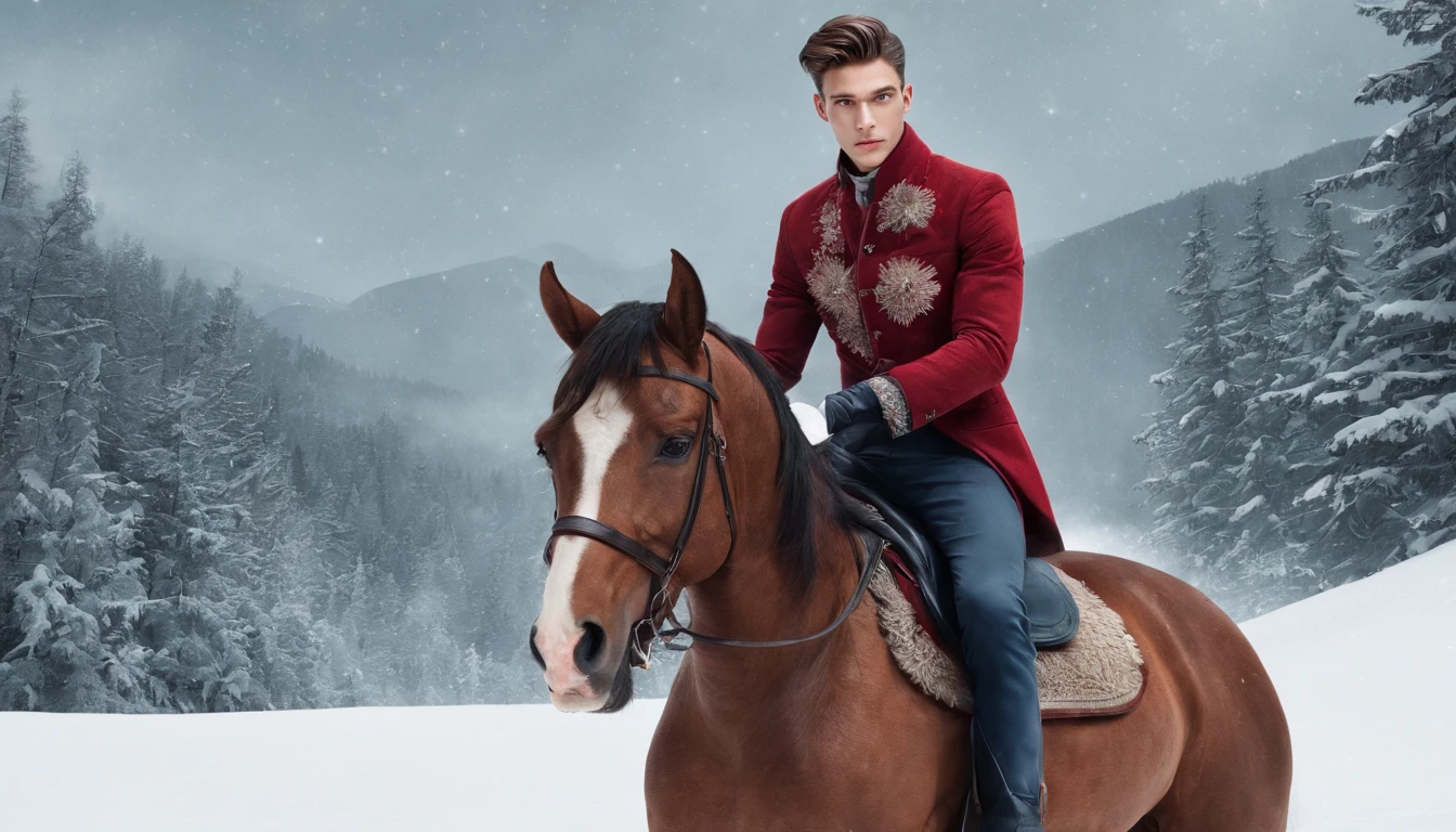 A young man rides a horse in the snow, high-quality face