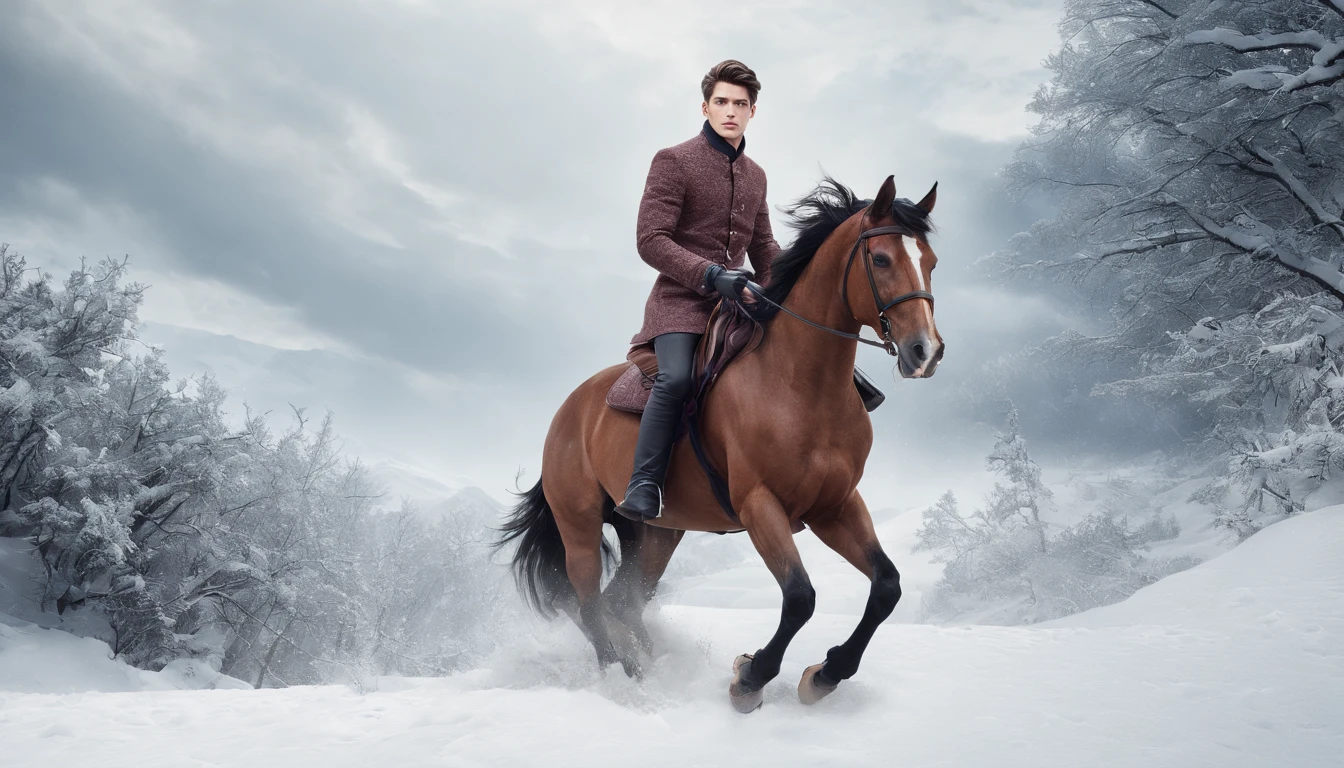 A young man rides a horse in the snow, high-quality face