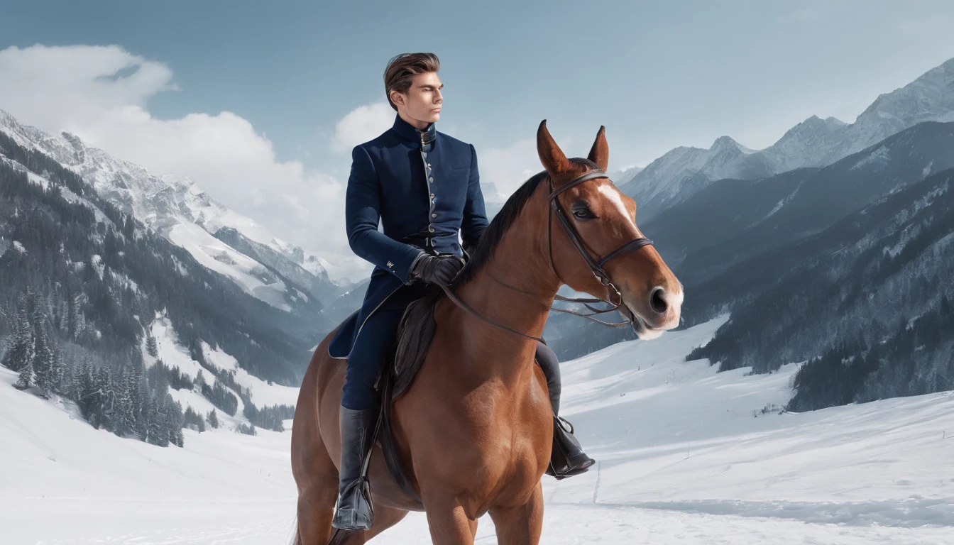 A young man rides a horse in the snow, high-quality face