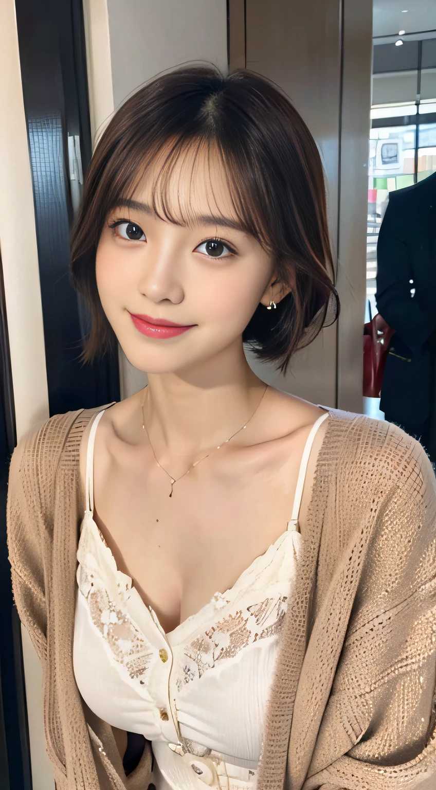 (32K,high-detail,high detal,hight resolution,highdensity,独奏,Lori:1.3),(Realistic people,Live action,A detailed eye,High resolution eyes,Fine eyes,Eyes that look like they are alive,beautiful dark blue eyes,Fishing eyes,Detailed lips,Crystal clear white skin,detailed realistic faces:1.3),(Japanese ido,Korean Idols,model in Japan,Korean models:1.2),(with a flushed face,natural make up,a necklace,piercings:1.4)(Blouse embellished with white lace,Red pumps with high heels,Wide pants,cardigan,Business Casual Fashion:1.6),(well-shaped breasts:1.5),(Young but very beautiful and elegant Japan people16 year old beautiful girl,Dark pretty eyes,Smile a little coldly,facing back,turned around,Looking at the camera,Fashion Leader,Business Girl,Soft skin,Unforgettable eyes,Her eyes are too beautiful,Business Pants Fashion,Short Cut Low Ponytail:1.6),(showing your whole body,Show full-body fashion,:1.7)