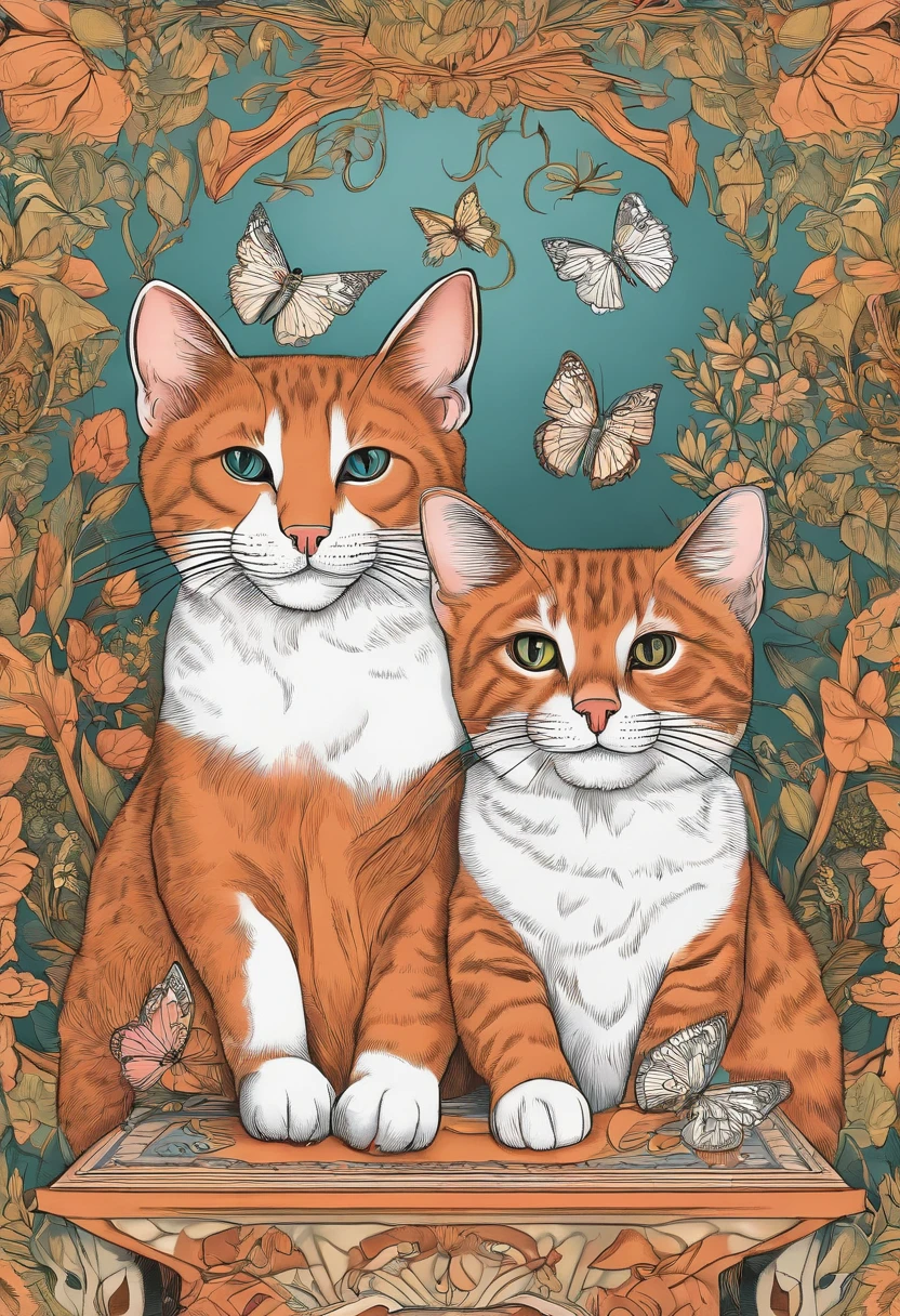 Creat 1 cover book , coloring book , animal , two cat on the table , drawing