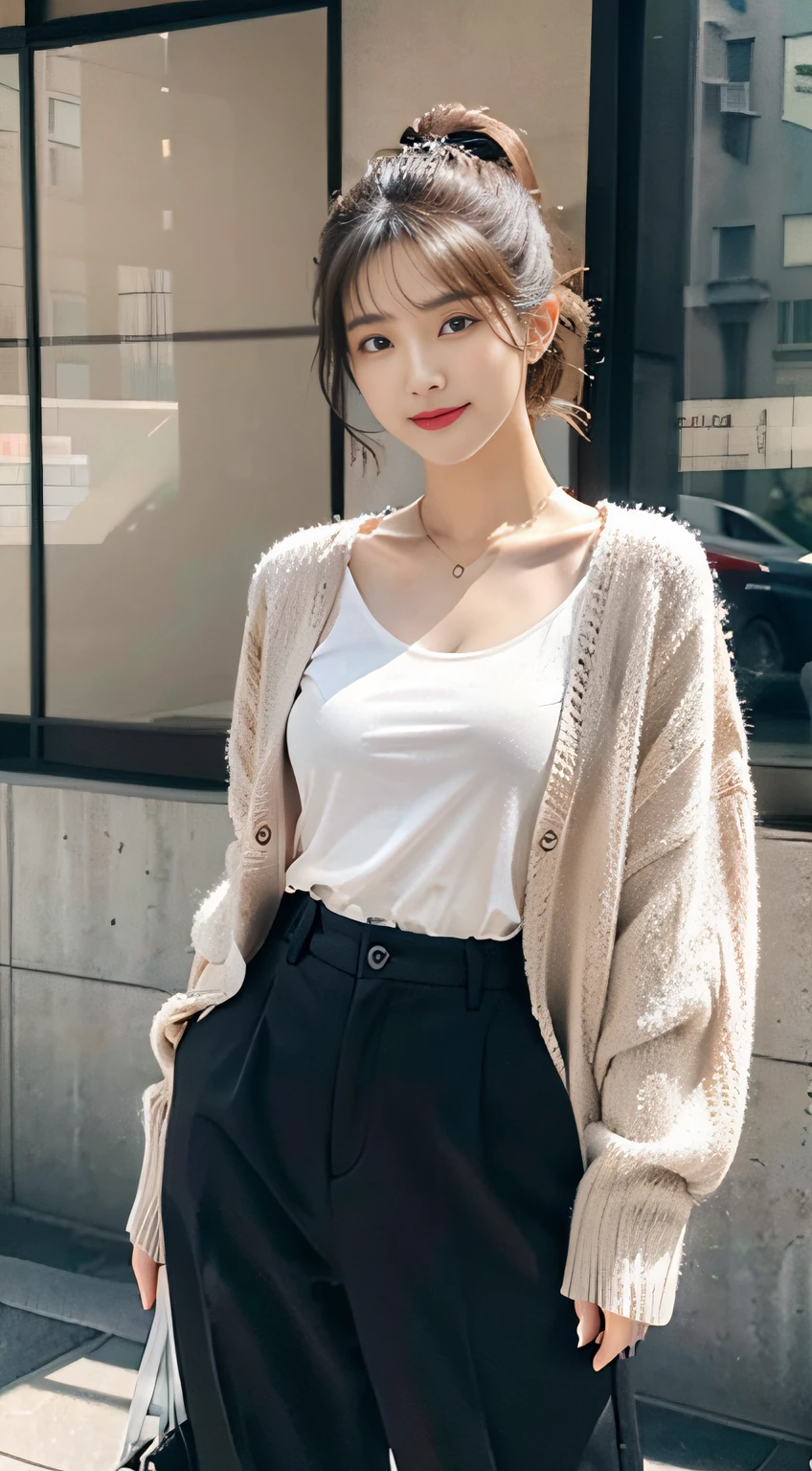 (32K,high-detail,high detal,hight resolution,highdensity,独奏,Lori:1.3),(Realistic people,Live action,A detailed eye,High resolution eyes,Fine eyes,Eyes that look like they are alive,beautiful dark blue eyes,Fishing eyes,Detailed lips,Crystal clear white skin,detailed realistic faces:1.3),(Japanese ido,Korean Idols,model in Japan,Korean models:1.2),(with a flushed face,natural make up,a necklace,piercings:1.4)(Blouse embellished with white lace,Red pumps with high heels,Wide pants,cardigan,Business Casual Fashion:1.6),(well-shaped breasts:1.5),(Young but very beautiful and elegant Japan people16 year old beautiful girl,Dark pretty eyes,Smile a little coldly,facing back,turned around,Looking at the camera,Fashion Leader,Business Girl,Soft skin,Unforgettable eyes,Her eyes are too beautiful,Business Pants Fashion,Short Cut Low Ponytail:1.6),(showing your whole body,Show full-body fashion,:1.7)
