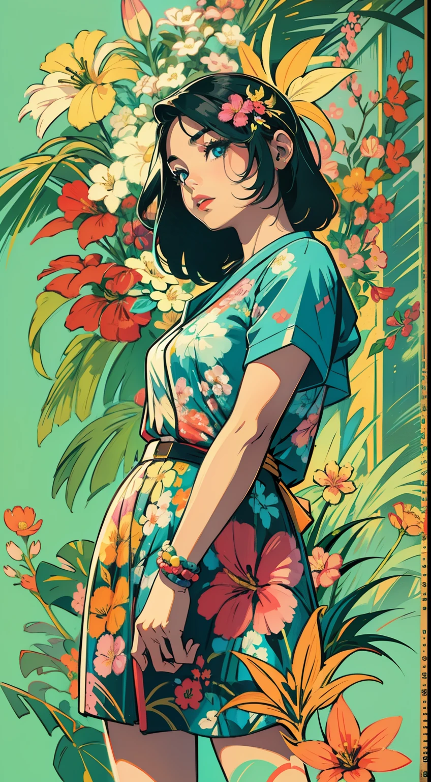 Create digital artwork in the Pop Art style, Featuring a vibrant and confident young Asian girl，street fashion, Movie color scheme, Surrounded by vintage flower motifs, Vibrant brushstrokes,Emotions should be dynamic, Upper body, Drawing, illustration, escala cinza, tropical, Many flowers,