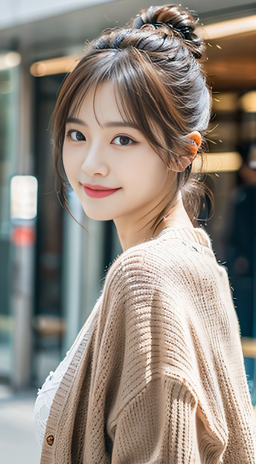 （３２K,high-detail,high detal,hight resolution,highdensity,独奏,Lori：1.3）,（Realistic people,Live action,A detailed eye,High resolution eyes,Fine eyes,Eyes that look like they are alive,beautiful dark blue eyes,Fishing eyes,Detailed lips,Crystal clear white skin,detailed realistic faces：1.3）,（Japanese ido,Korean Idols,model in Japan,Korean models：1.2）,（with a flushed face,natural make up,a necklace,piercings：1.4）（Blouse embellished with white lace,Red pumps with high heels,Wide pants,Cardigan,Business Casual Fashion：1.6）,（well-shaped breasts：1.5）,（Young but very beautiful and elegant Japan people１6 year old beautiful girl,Cute black eyes,Smile a little coldly,facing back,turned around,Looking at the camera,Fashion Leader,Business Girl,Soft skin,Unforgettable eyes,Her eyes are too beautiful,Business Pants Fashion,Short Cut Low Ponytail：1.6）,（showing your whole body,Show full-body fashion,：1.7）