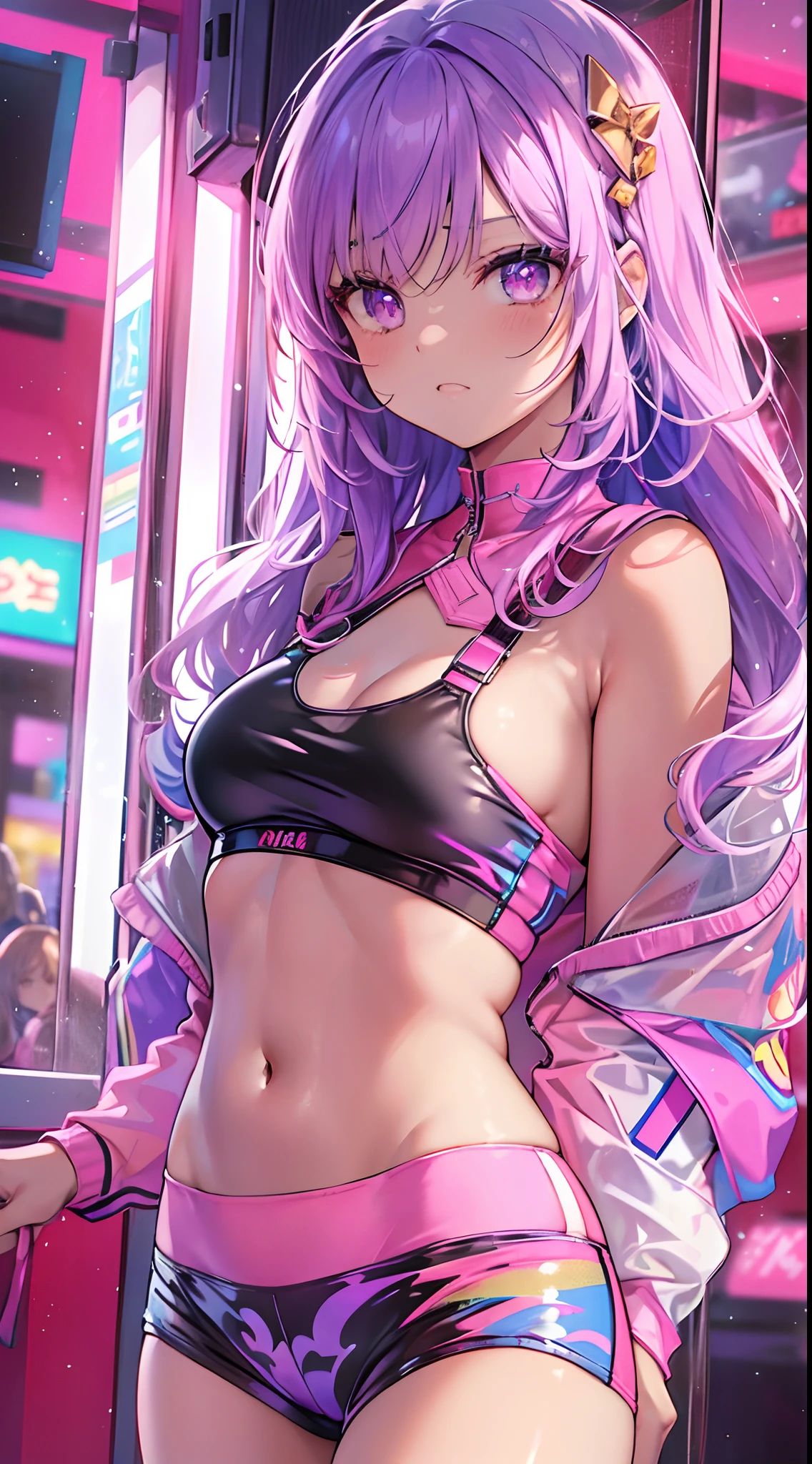 ((Masterpiece)), best quality, absurderes, ultra detailed, holographic, cowboy shot, golden ratio, super cute girl, mature girl, idol girl, super beautiful asian girl with very beautiful violet glowing eyes, beautiful glowing brown multicolored hair, high ponytail, nice and sexy body, slim body, perfect body, an anime printed super tight off shoulder long sleeve crop top, wearing super tight anime print micro shorts, a super aesthetic transparent mini jacket, beautiful hair ornament, pink jordan tennis, being photographed in a mall shop,( undressing, taking off micro shorts, showing neon pink panties, showing thong: 1.5)