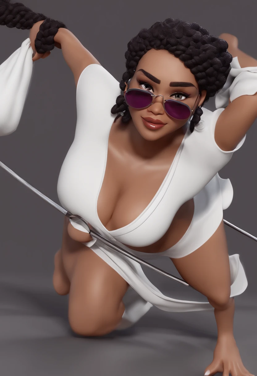 Personaje de dibujos animados de una mujer con gafas negras, cabello rizado negro y una camisa blanca, ropa de capoeira, berimbau, Purple rope at the waist, animation character, stylized character, Rendering animation styles, 3D estilizado, Arnold Maya render, 3D render estilizado, Toon renderizar keyshot, Personaje 3D, Personaje 3D, Renderizado 3D estilizado, Renderizado de 3 caracteres D, Personaje de dibujos animados, Personaje de primer plano, Pose del personaje, (estilo pixar) (Pieza maestra:1.2) (Bokeh) (La mejor calidad) (Piel detallada) (Textura detallada) (8k) (arcilla) (cinematic lighting) (foco nítido