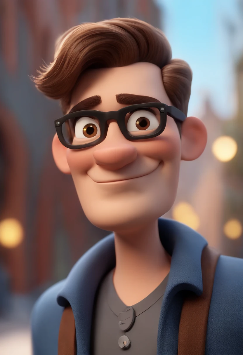 Cartoon character of a man wearing black glasses and a blue shirt, um personagem animado, Caractere estilizado, animation style rendering, 3D estilizado, Arnold Maya render, 3 d render stylized, toon render keyshot, Personagem 3D, Personagem 3D, 3d rendering stylized, 3 d character render, personagem de desenho animado, Personagem de close up, Pose de personagem, (Estilo Pixar) (master part:1.2) (Bokeh) (best quality) (pele detalhada) (textura detalhada) (8k) (argila) (Cinematic lighting) (foco nítido，Senta e vaza a parte superior do corpo