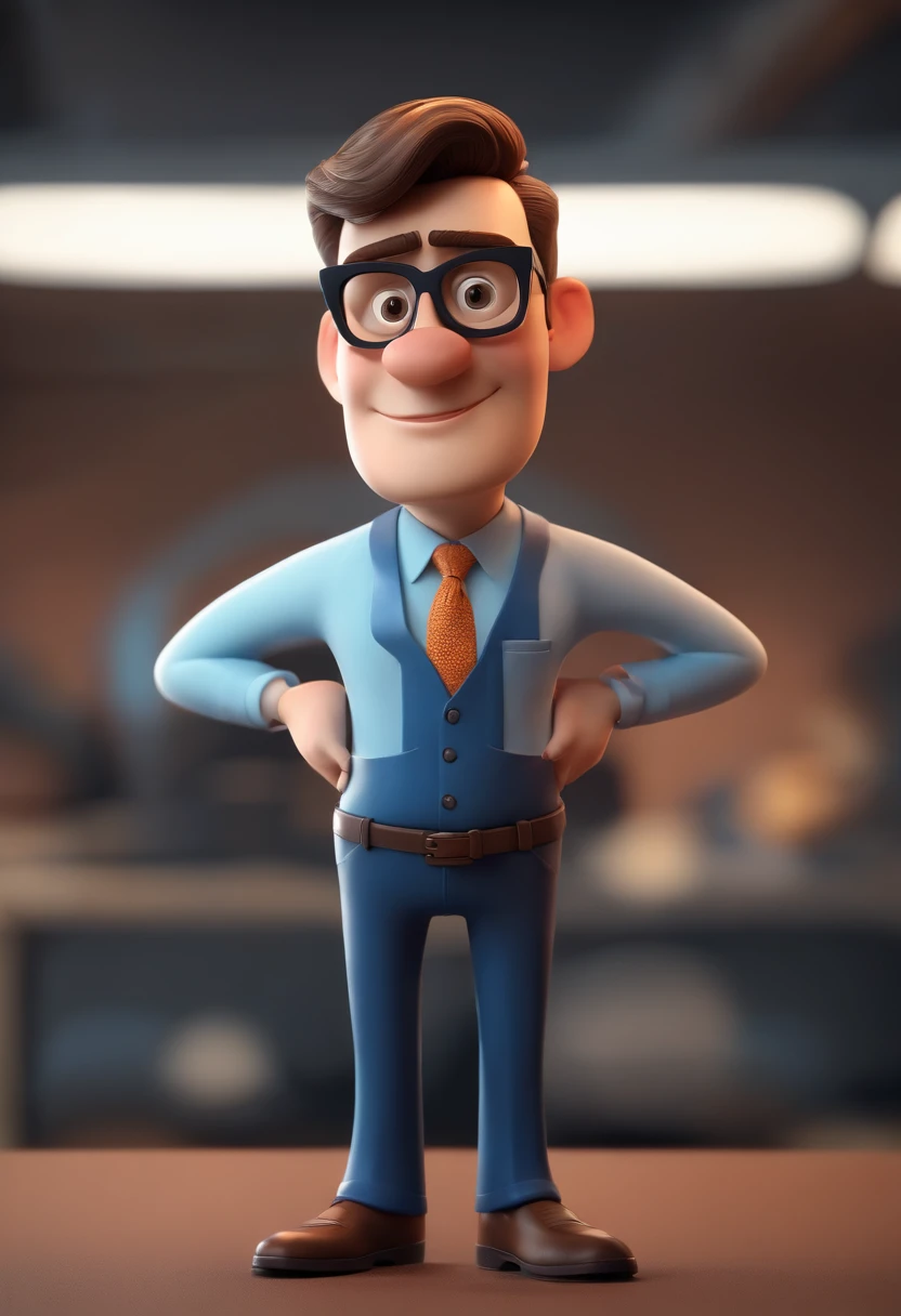 Cartoon character of a man wearing black glasses and a blue shirt, um personagem animado, Caractere estilizado, animation style rendering, 3D estilizado, Arnold Maya render, 3 d render stylized, toon render keyshot, Personagem 3D, Personagem 3D, 3d rendering stylized, 3 d character render, personagem de desenho animado, Personagem de close up, Pose de personagem, (Estilo Pixar) (master part:1.2) (Bokeh) (best quality) (pele detalhada) (textura detalhada) (8k) (argila) (Cinematic lighting) (foco nítido，Senta e vaza a parte superior do corpo