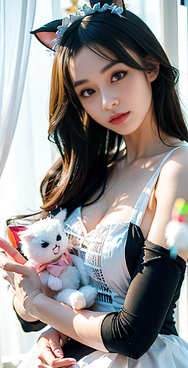 There is a woman in a maid costume holding a fake doll, ultrarealistic sweet bunny girl, gorgeous maid, cosplay of a catboy! maid! dress, trending at cgstation, Maid dress, anime girl in a maid costume, japanese maid cafe, 1 8 I, trending on cgstation, shikamimi, skydoll noa, Maid outfit, Banner