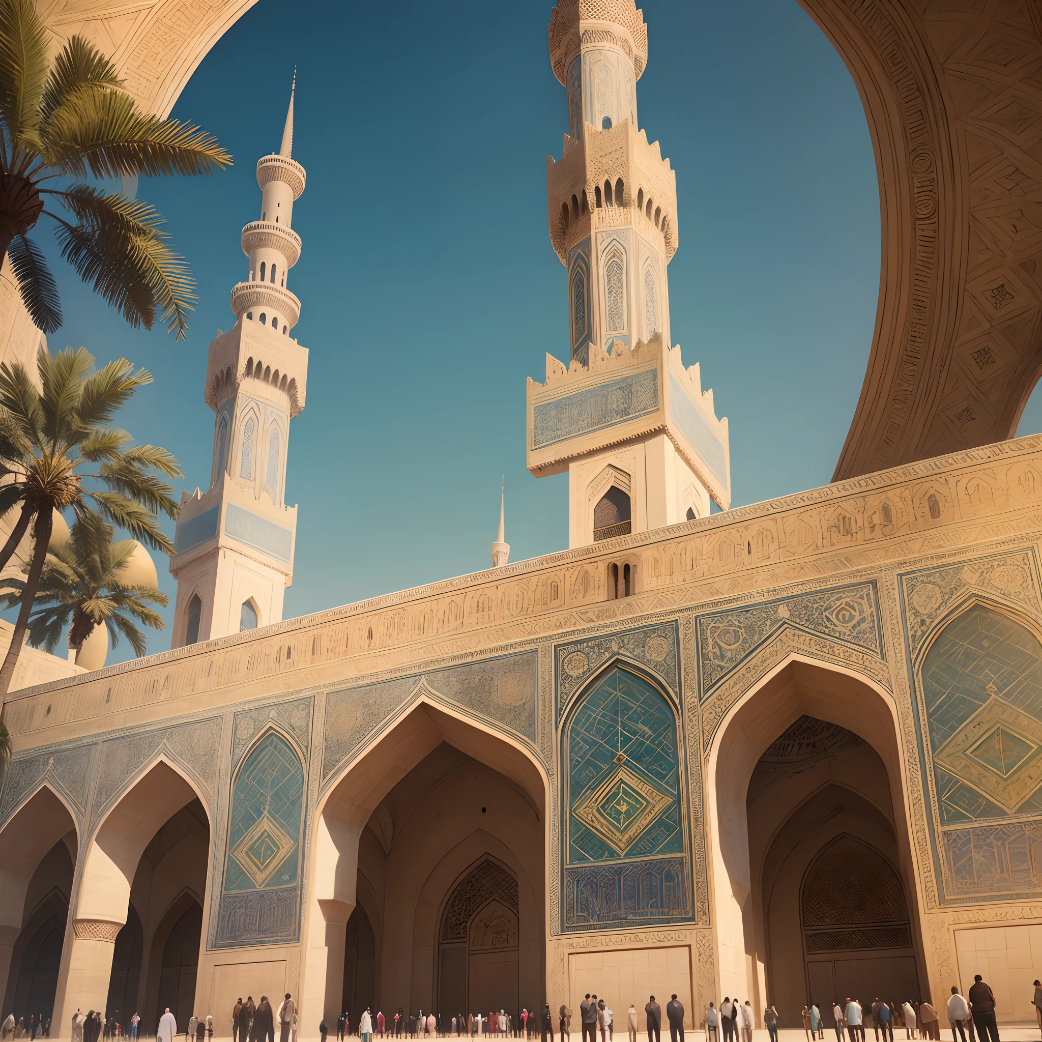 Islamic architecture in Cairo: stained glass, mosques, minarets, domes, trees, palm trees and plants. --auto --s2