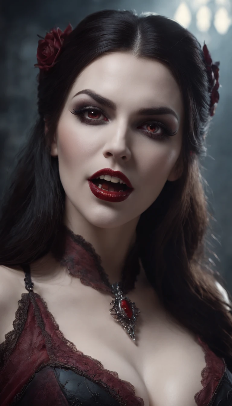 A cute woman is a succubus, (she has leathery black wings, deep red lipstick, vampire fangs, deep dark eyes, razor fingernails painted red) seductive evil pose in the bedroom