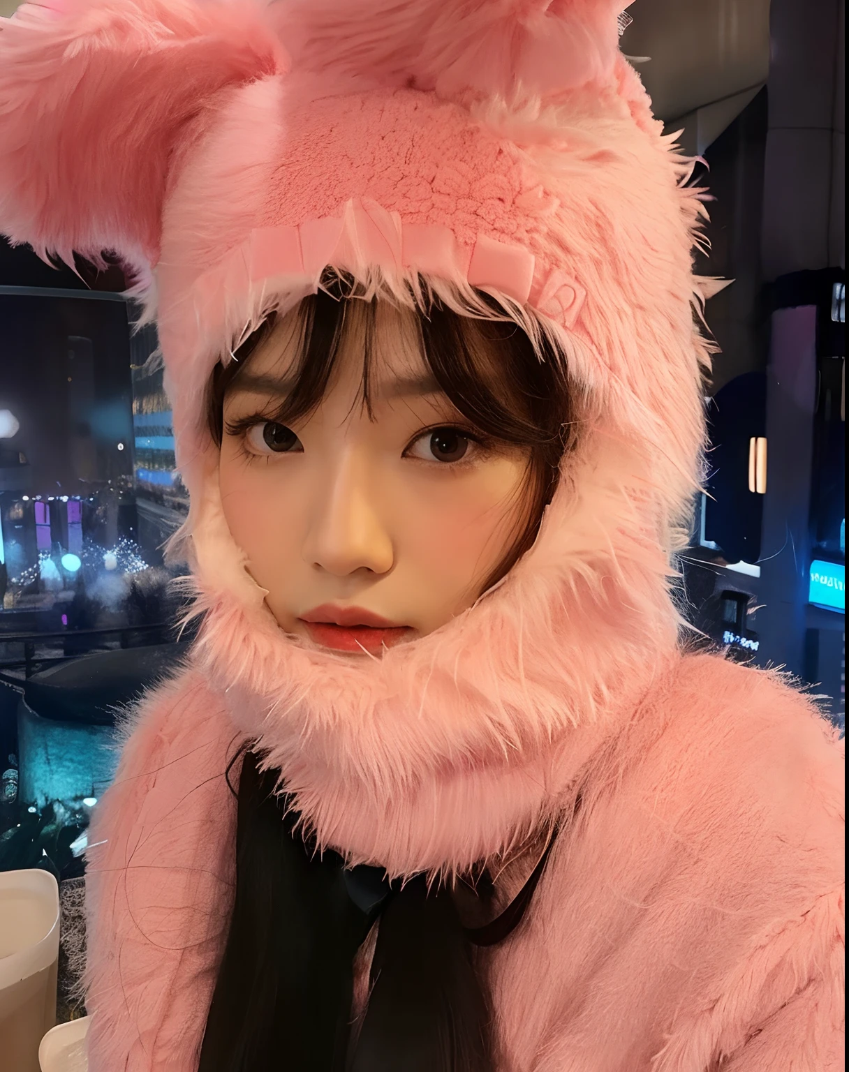 Araffe con un disfraz peludo rosa con una bufanda negra, con un disfraz de conejo rosa, con un traje de conejito, Traje de conejito, con orejas de conejo largas y flexibles, Lalisa Manoban de Blackpink, Parque Roseanne de Blackpink, Lalisa Manobal, Jossi de Blackpink, Hermosa Delphine, Bae Suzy, iu lee ji-eun as a super villain