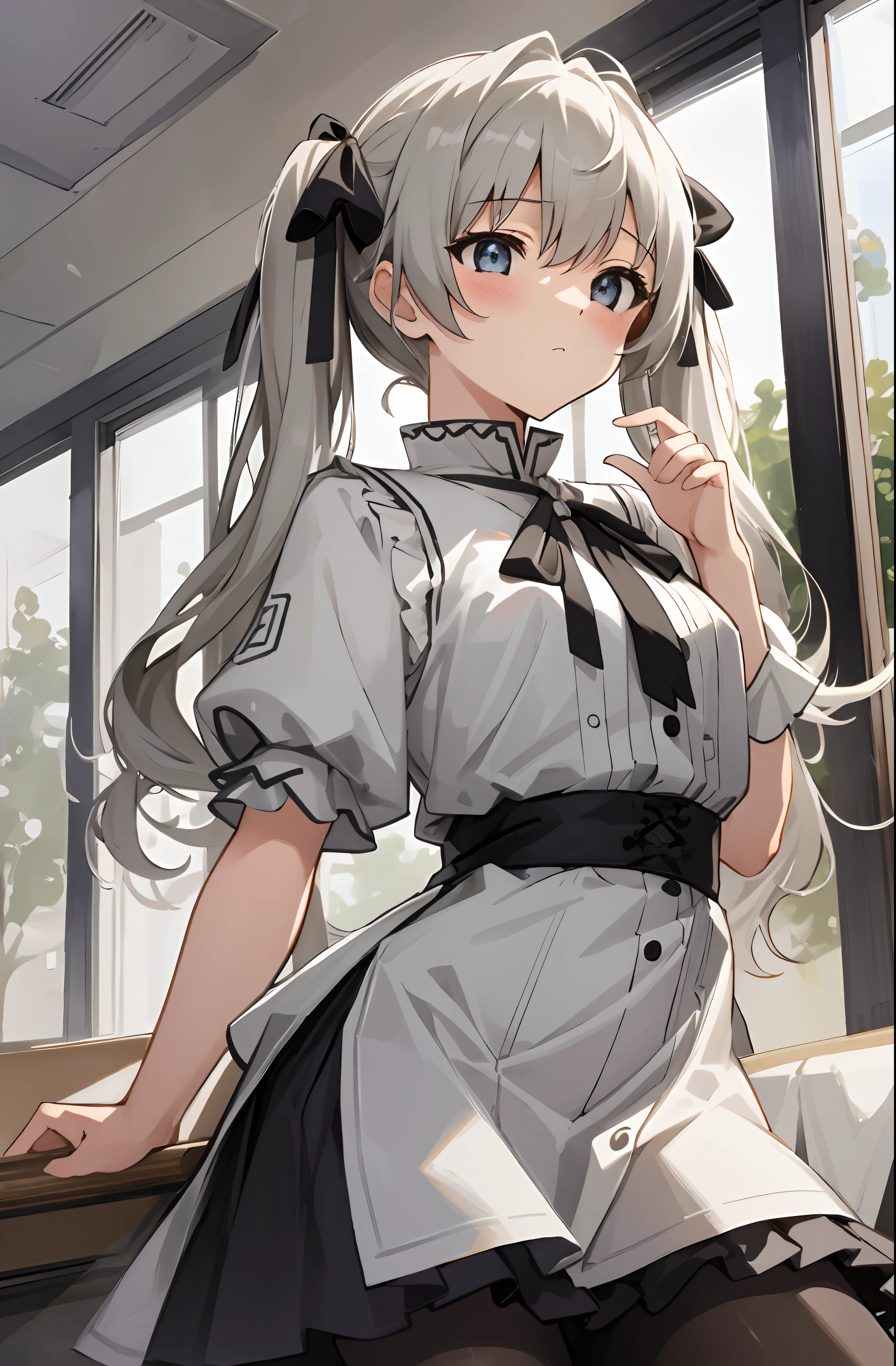 （Masterpiece，best qualtiy，A high resolution：1.5），1girl，high school senior，white skinned，Gray-black pupils，twintails，lacepantyhose，shift dresses，Delicate face，School Background，The light is bright，Sora Kasugano，Animated illustration style，pixiv popular