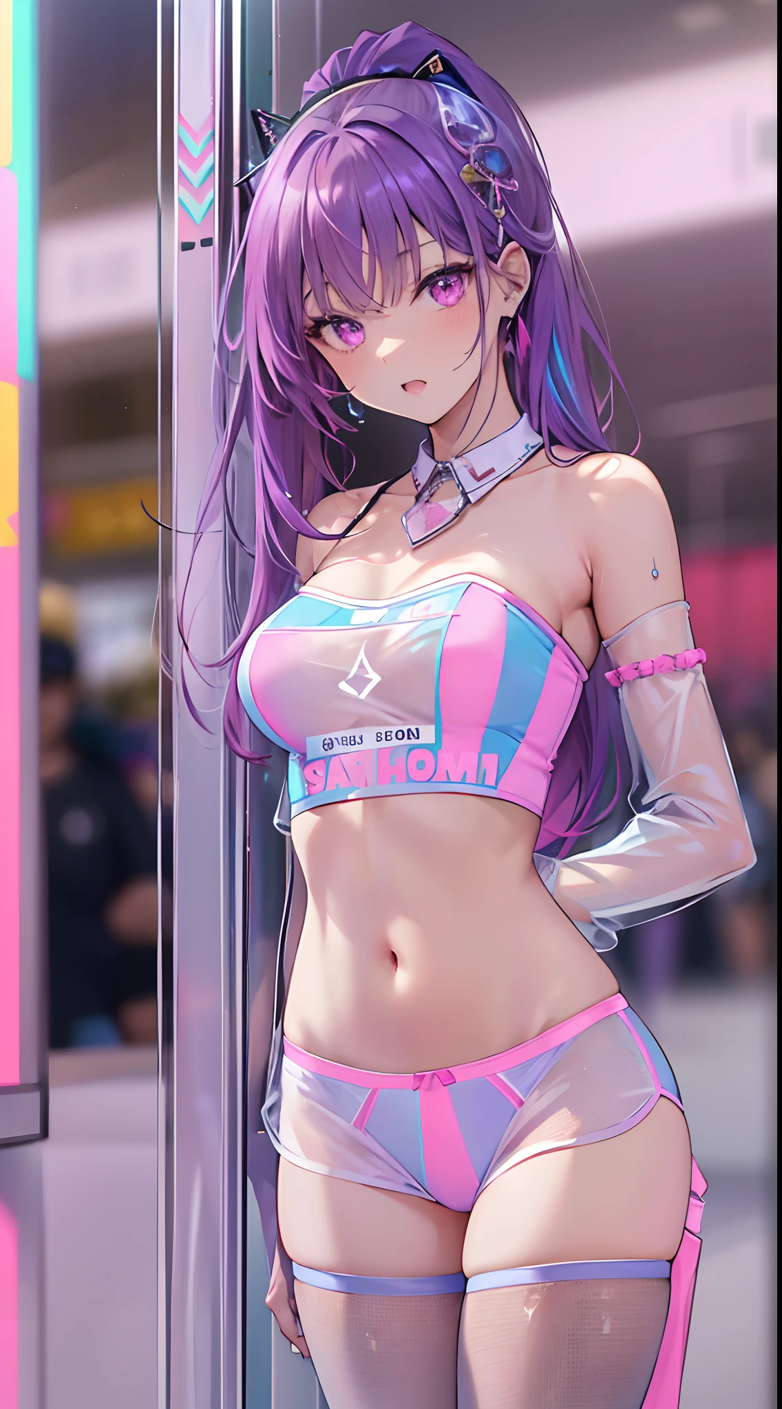((Masterpiece)), best quality, absurderes, ultra detailed, holographic, cowboy shot, golden ratio, super cute girl, mature girl, idol girl, super beautiful asian girl with very beautiful violet glowing eyes, beautiful glowing brown multicolored hair, high ponytail, nice and sexy body, slim body, perfect body, an anime printed super tight off shoulder long sleeve crop top, a super aesthetic transparent mini jacket, beautiful hair ornament, pink jordan tennis, being photographed in a mall shop,( undressing, showing neon pink panties, showing thong: 1.5)