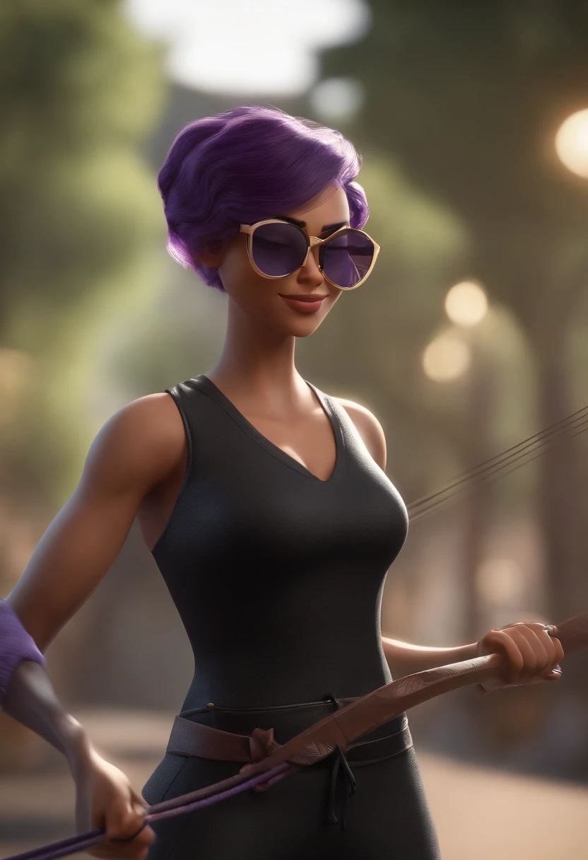 Personaje de dibujos animados de una mujer con gafas negras, cabello rizado negro y una camisa blanca, ropa de capoeira, berimbau, Purple rope at the waist, animation character, stylized character, Rendering animation styles, 3D estilizado, Arnold Maya render, 3D render estilizado, Toon renderizar keyshot, Personaje 3D, Personaje 3D, Renderizado 3D estilizado, Renderizado de 3 caracteres D, Personaje de dibujos animados, Personaje de primer plano, Pose del personaje, (estilo pixar) (Pieza maestra:1.2) (Bokeh) (La mejor calidad) (Piel detallada) (Textura detallada) (8k) (arcilla) (cinematic lighting) (foco nítido