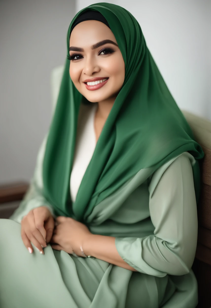 woman sit in a bed, wearing a green hijab, deep dimples smile, headshot profile picture, Siti Nurhaliza, 30 years old woman, dimple smiling and looking directly, warm and gentle smile, lovely smile, selfie shot straight on angle, charming smile, curvey body, white skin