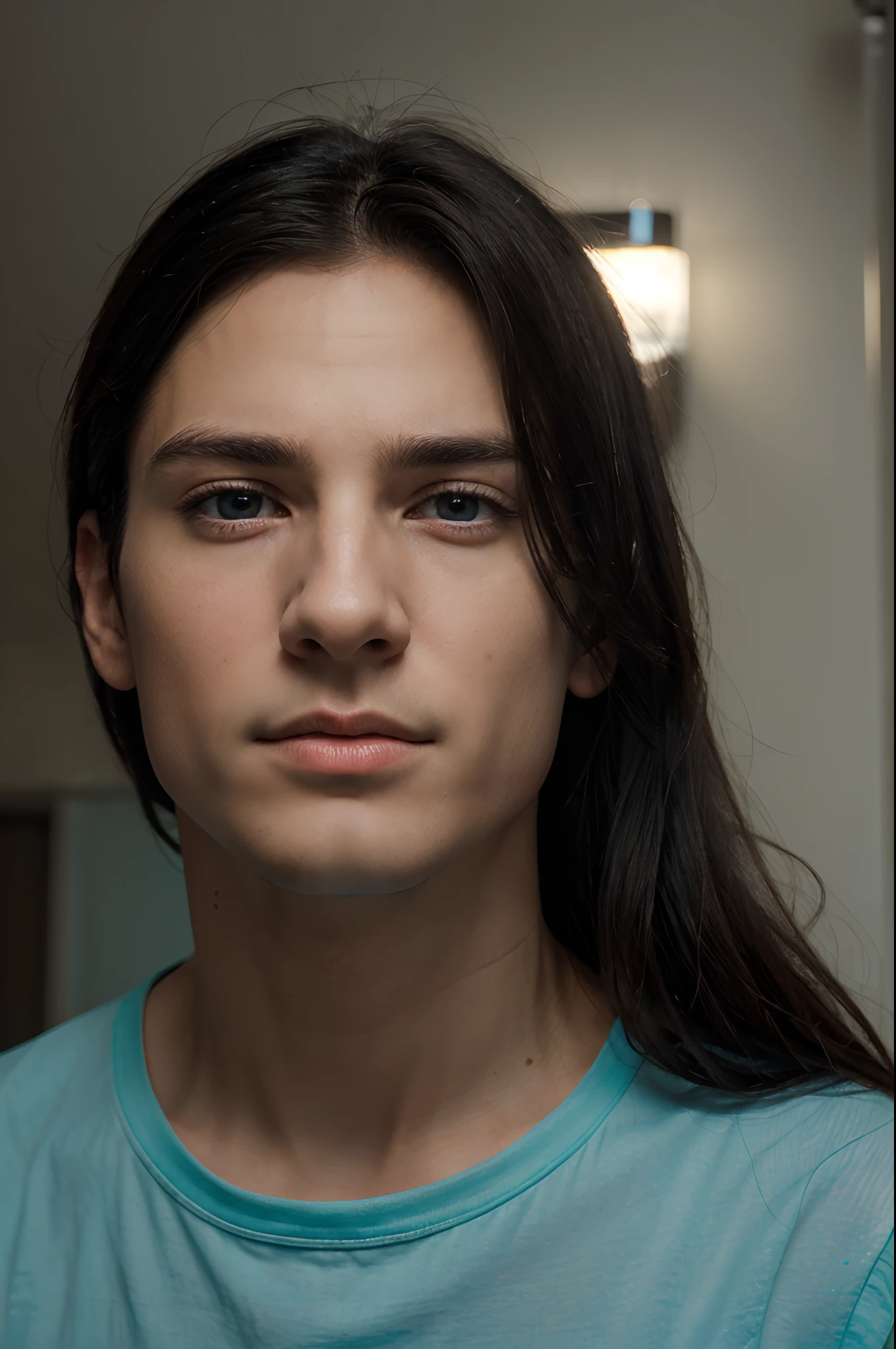 (Photorealistic:1.2,fictitious:0.9,)Young Male Sex, long black hair, ah high, small nose, Cyan eyes, A keen eye, Tired expression on his face.