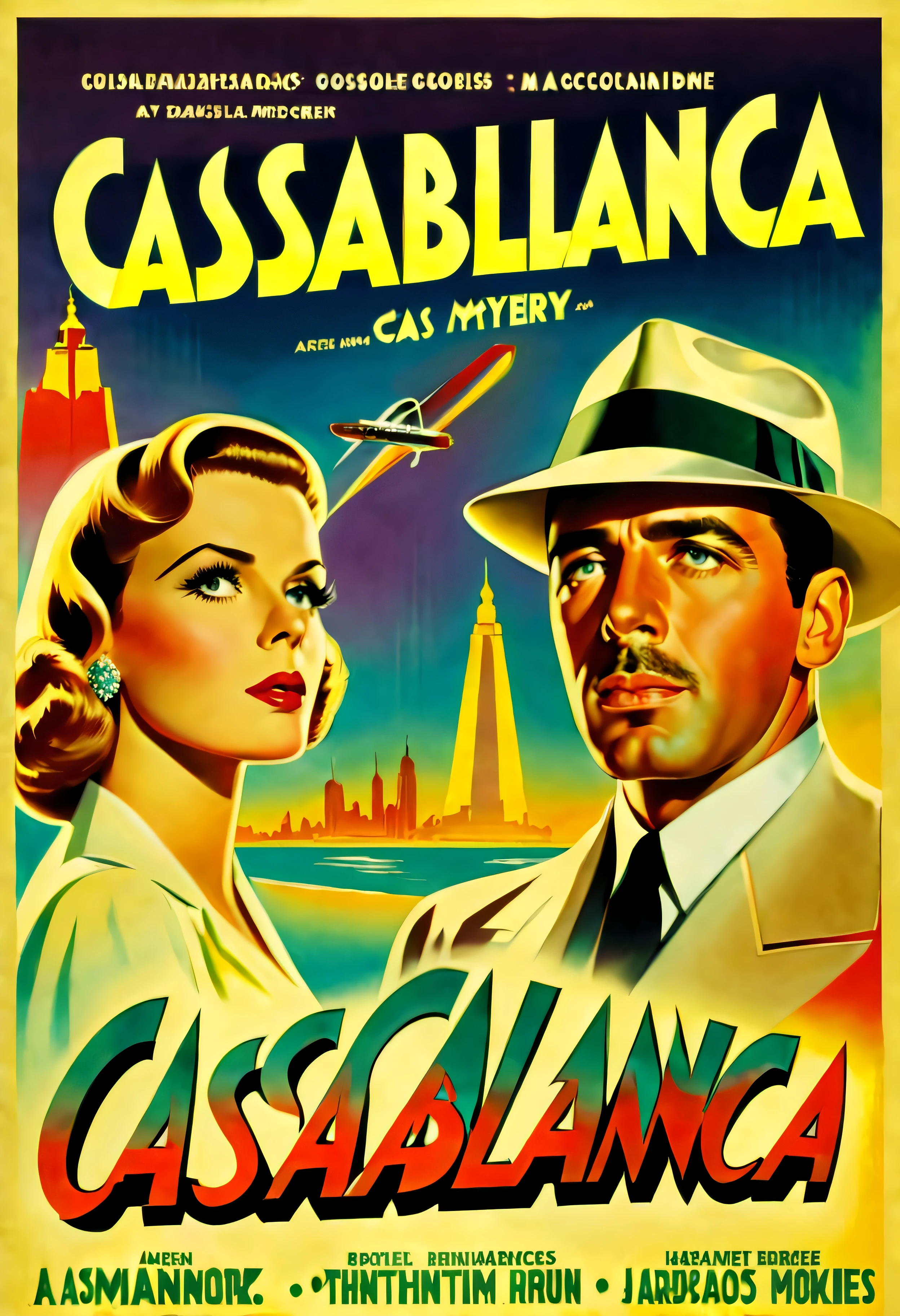 Movie Poster - a vintage poster for a mystery movie including the title saying "CASABLANCA" and credits