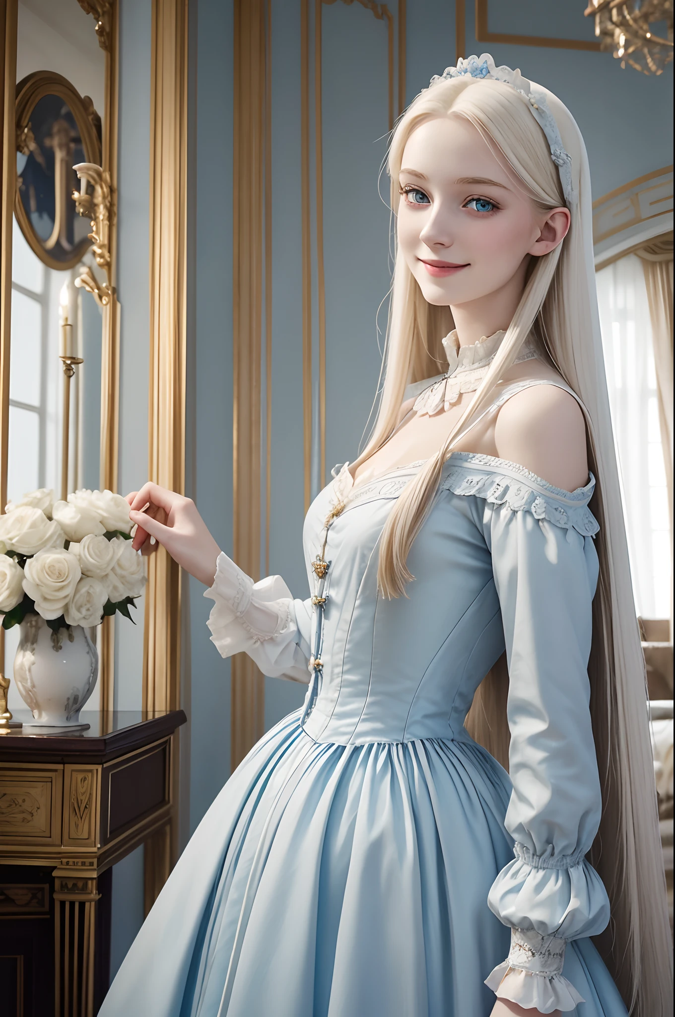 Midshot of beautiful woman, french, 22 years old, (pale:1.5) skin, light-blue eyes, blond (straight:1.5) hair, slim, lady, aristocrat, smiling, without makeup, complicated dress from Victorian Age, dress has white and light-blue colors, in the living room of the palace, Victorian Age