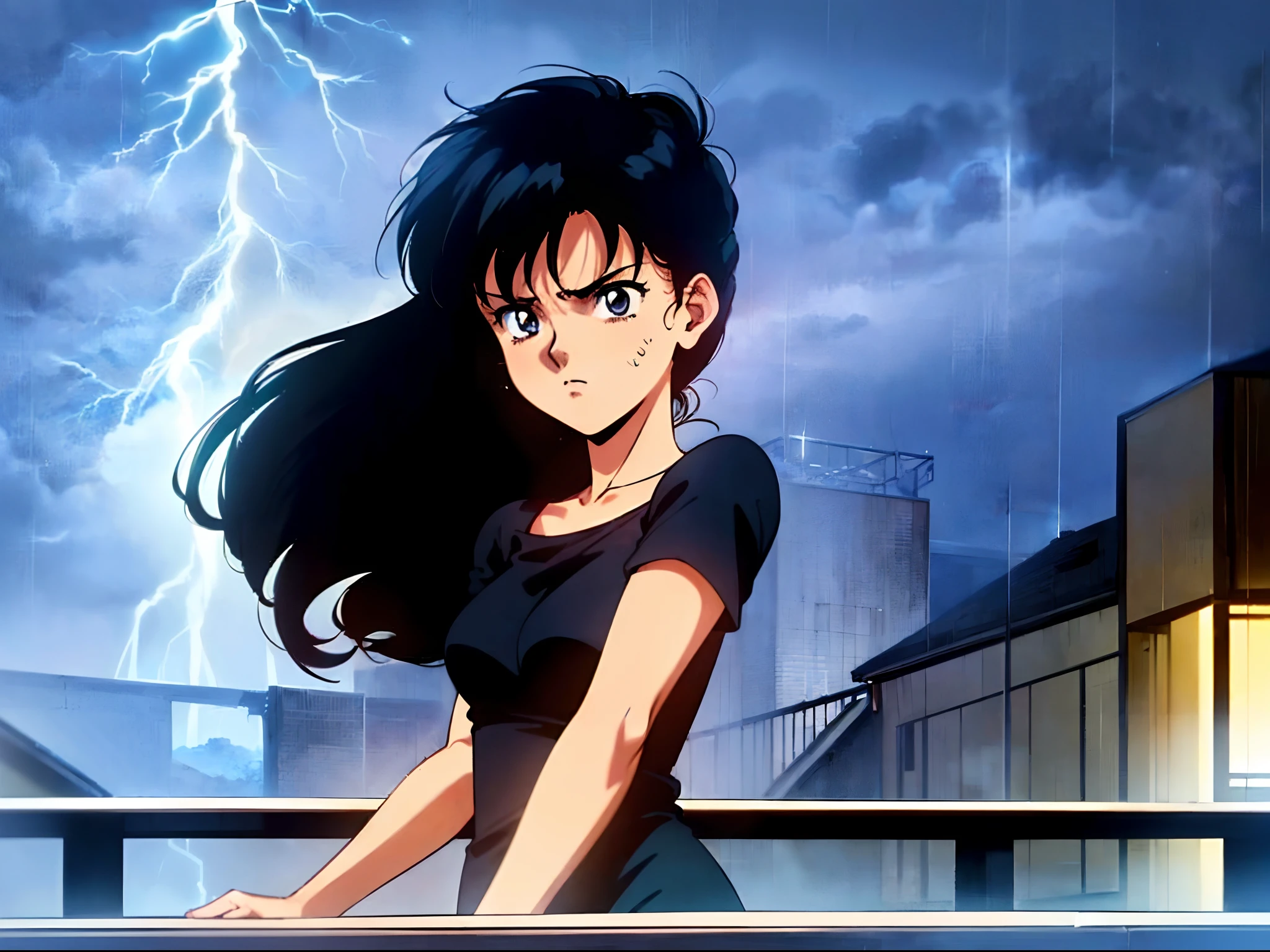 ((1 girl)),((solo)),((sad expression: 1.0)),((sad girl)),((black t shirt)),((black hair)),((long hair)),((side pose)),((fair skin)),((highly detailed)),((standing in balcony)),((full shot)),((raining)),((lightning)),((cinematic lighting)),((dark hour)),((80s anime)),((retro)),((best quality)),((masterpiece))