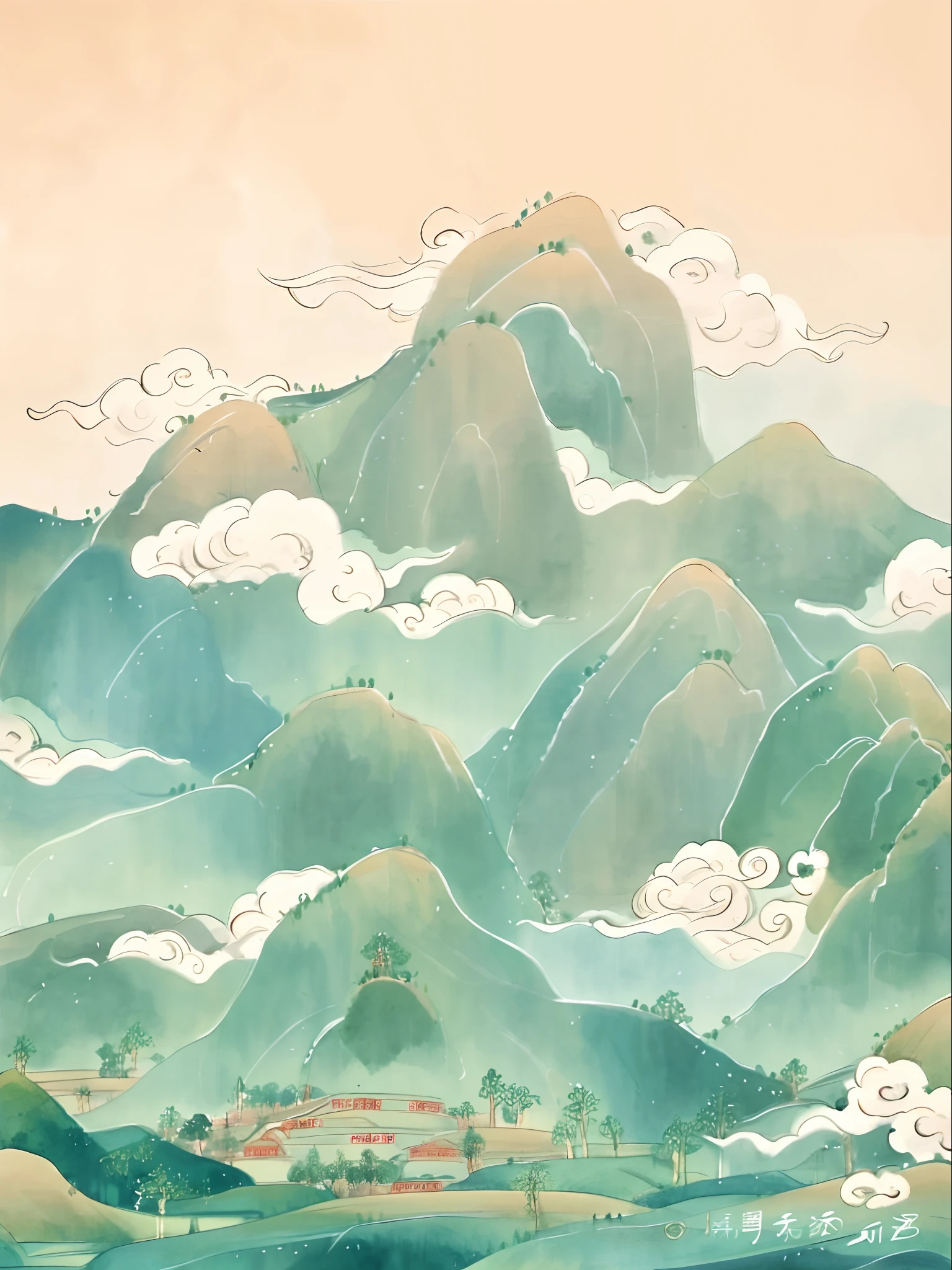 There is a painting of a mountain,There is a house in the middle, detailed scenery —width 672, Chinese painting style, Inspired by Yoshida Hanbei, floating lands in-clouds, Chinese watercolor style, inspired by Shūbun Tenshō, Floating mountains, oriental wallpaper, mountainous background, inspired by Kanō Motonobu