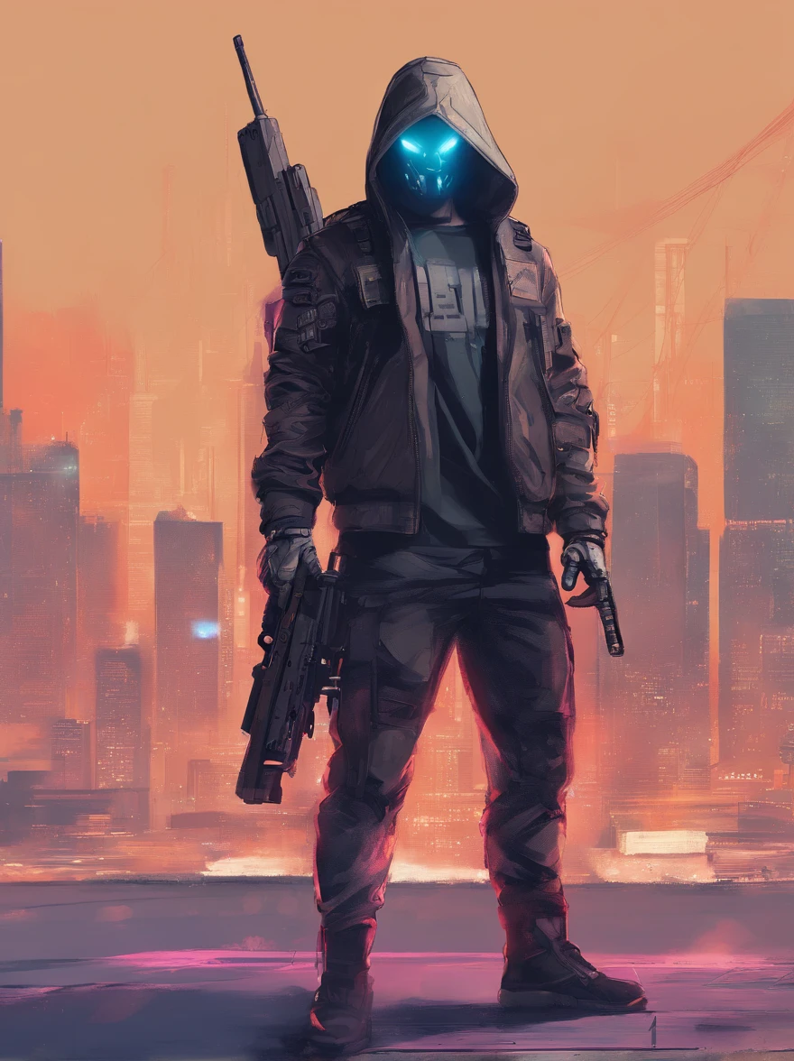 cyberpunk hacker, holding a futuristic rifle, male