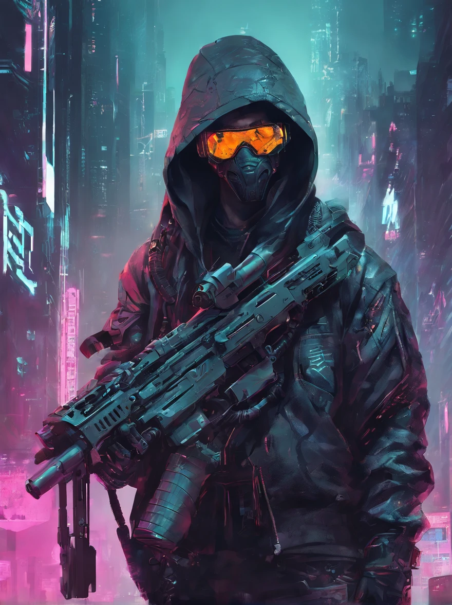 cyberpunk hacker, holding a futuristic rifle, male