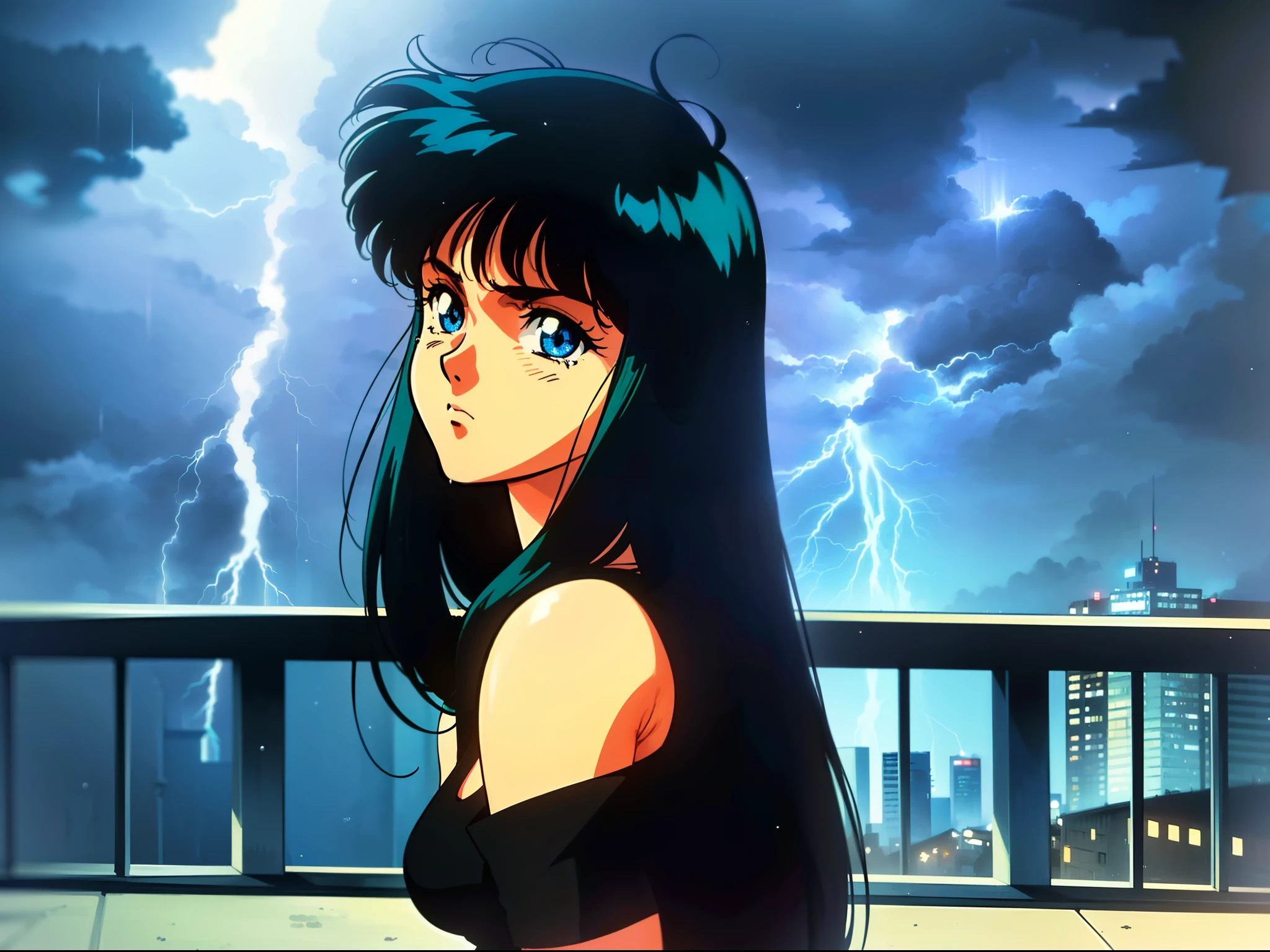 (1 girl)),((solo)),((sad expression: 1.0)),((sad girl)),((black t shirt)),((black hair)),((long hair)),((side pose)),((fair skin)),((highly detailed)),((looking down from balcony)),((raining)),((lightning)),((cinematic lighting)),((dark hour)),((80s anime)),((retro)),((best quality)),((masterpiece))