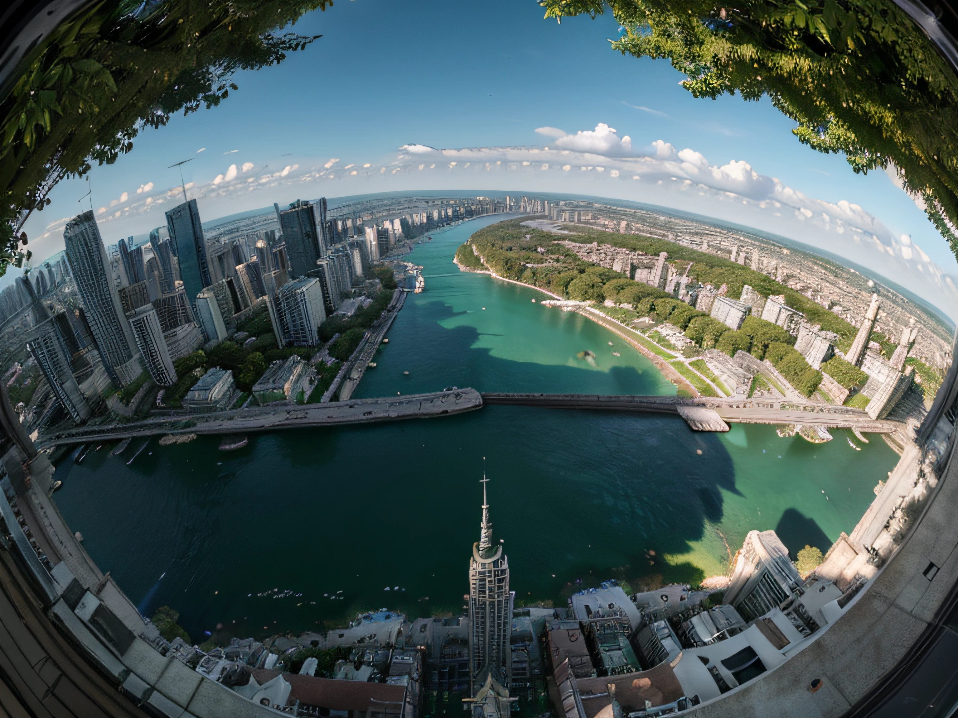 A masterpiece, of the best quality, (very detailed CG Unity 8k wallpaper), (best quality), (best shading), 1city, nature, green tone, panoramic, fish eye lens, detailed, unbound, penthouse