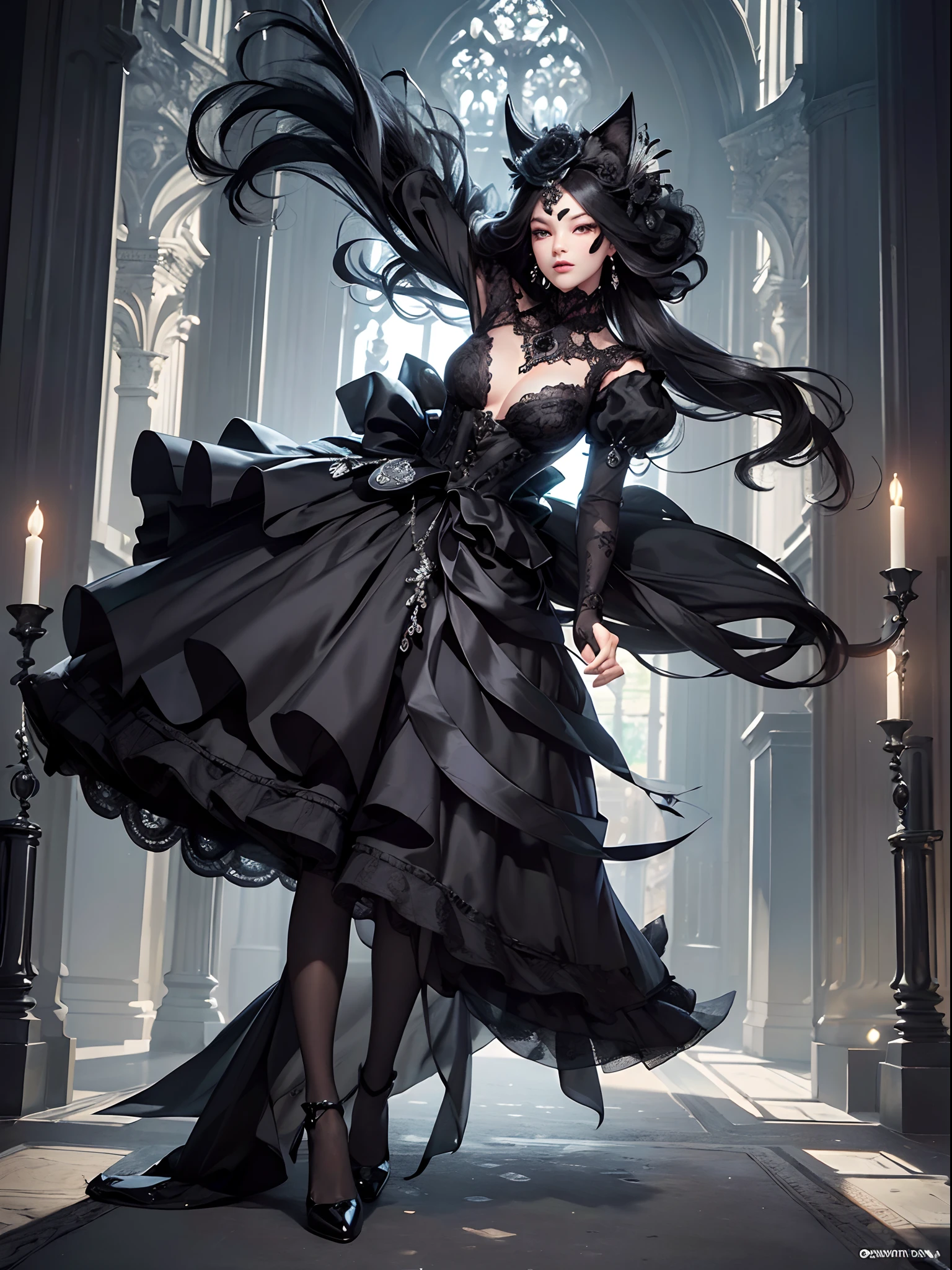 Black cat motif、Black and silver tones、Vibrant colors、((masterpiece)))、(((top-quality)))、((ultra-detailliert))、(A hyper-realistic)、(highly detailed CGillustration)、Official art、London at the beginning of the 20th century、Decadent、Mrs. Black Cat、Masquerade、Elegance、Masks that cover most of the face、Colorful and detailed mask design、matchless beauty、Fans、gorgeous dress、jewely、Perfect Angle、rightward、perfect-composition、full body Esbian