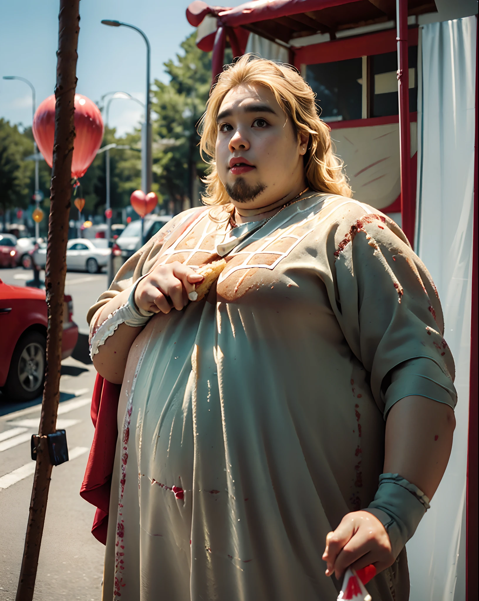 ((masterpiece), (best quality), ultra high res, highres, (raw photo:1.2), (photorealistic:1.4), Exceptional detail, dramatic lighting, highres, 8k, absurdres,
1boy, blonde hair, wavy hair, UltramanSeven body fatboy face, (fatboy:1.6), ((having a slice cake:1.1)), outdoor, monster_costumes, ((epic_birthday1.2)), balloons_decoration, ((cake:1.2))
ulzzang-6500:0.7,