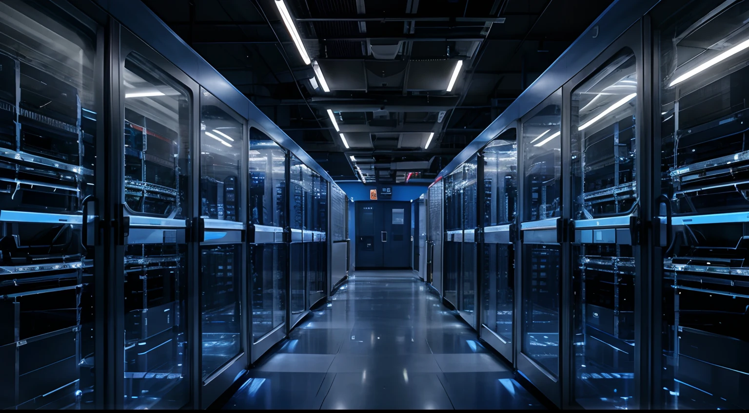stand mainframe in data center with light glare, Two rows of servers, blue light, machines are busy in operation
