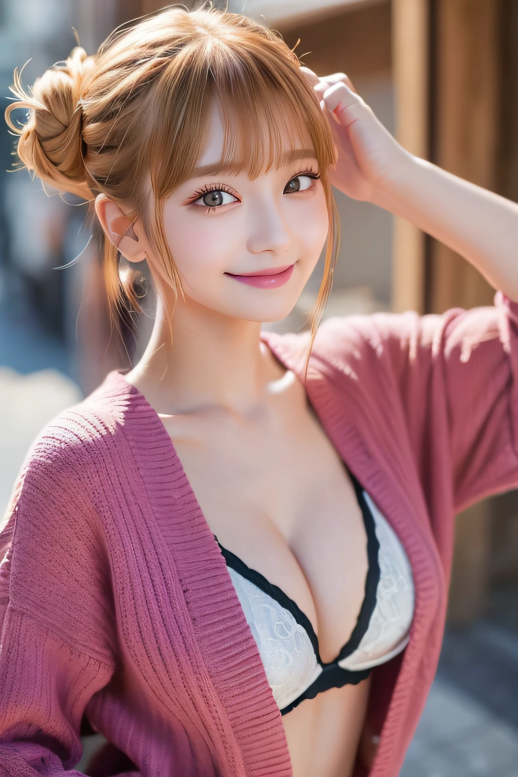1girl in、Beautiful woman with accentuated slim abs:1.3、(huge tit:1.2)、casual clothing:1.2、Western-style room、Chic room、soft breasts、Exposed cleavage、Black fancy bra、8k、Raw photo、masterpiece、absurderes、top-quality、Best Illustration、hight resolution:1.1、The ultra-detailliert、portlate、hyper realisitic:1.4、foco nítido:1.4、realisitic、Photorealsitic:1.3、Cinema Lights、Film Grain、masutepiece、a closeup、full bodyesbian、depth of fields、eyes focus、looking at viewert、Beautiful detailed eyes、年轻、85mmレンズ、F/1.4、professionally lit、portlate、Photon Mapping、Radio City、physically-based renderingt、Transparency、Glossy skin、Soft light、lifelike face、Realistic body、real looking skin、pale skin、well-styled、japanes、heart-shaped lip、eye shadow、Pink blush、makeups、camel's toe、long legged、PureErosFace_V1:0.8、Floating hair、Unkempt hair、NovaFrogStyle、egyosar:1、Puffy eyes、Purple eye、with round face、bangss、bokeh dof:1.2、dynamicposes、(Hairstyles tailored to Japan trends in 2023、cute little:1.5、a blond、Bun head、bangss、Mouth closed、A sly smile:0.2、Relaxing Pose)