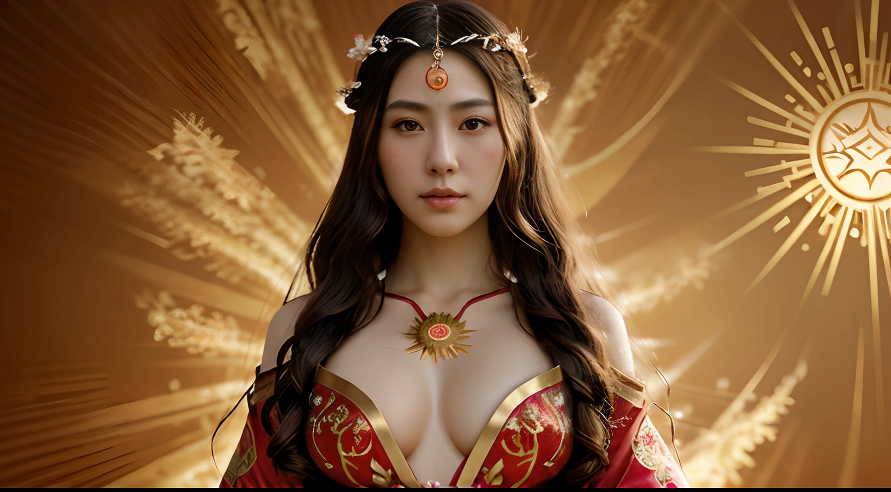 Generate an image of Amaterasu the Great as a realistic portrait。She has a mysterious look、Standing in the center。Golden hair cascades down to the shoulders、He is dressed in red。The costumes are elaborately embroidered and decorated.、You will see the symbol of the sun。Mysterious, Beauty stands out。Realistic details、What is included in skin texture and shading.、The background is、It is presented as if it were a natural landscape or a sacred place。