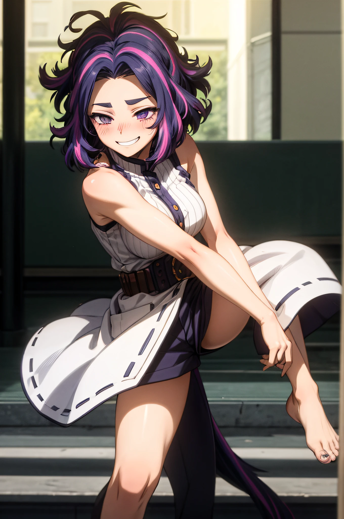 1girl, short hair, purple hair, multicolored hair, purple eyes,horse stance,split legs,from bellow,embarrased,blush,cracked smile