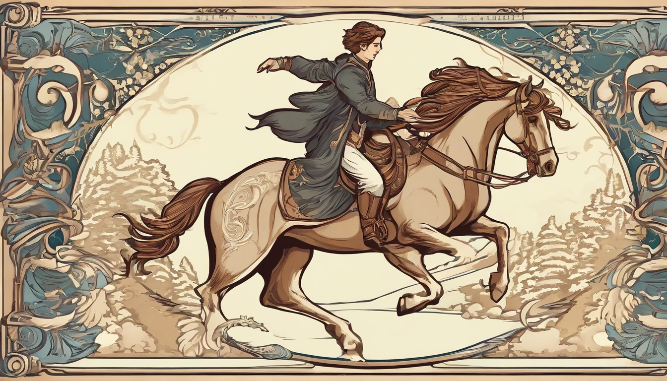 A young man rides a horse in the snow, high-quality face