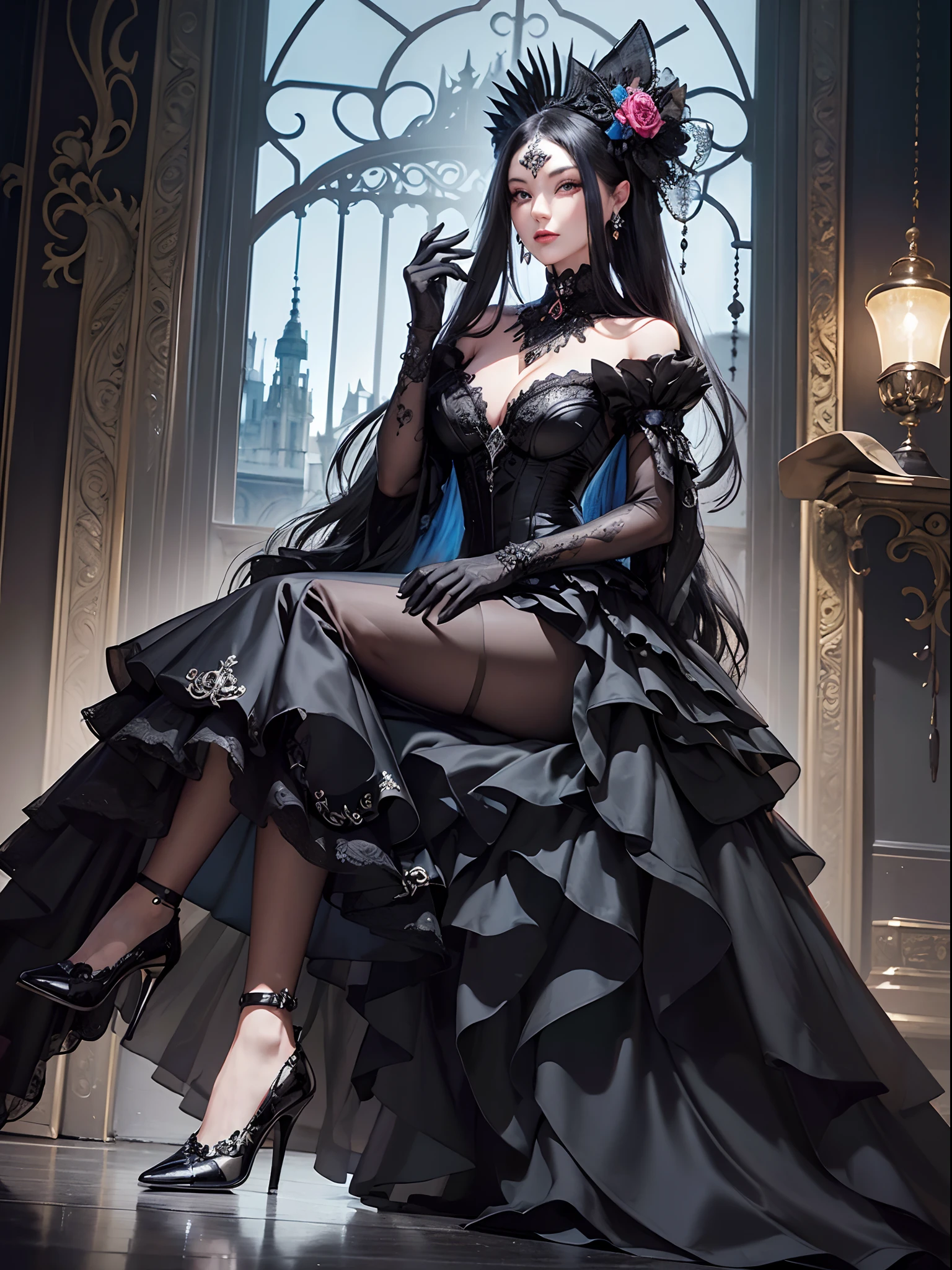 Black cat motif、Black and silver tones、Vibrant colors、((masterpiece)))、(((top-quality)))、((ultra-detailliert))、(A hyper-realistic)、(highly detailed CGillustration)、Official art、London at the beginning of the 20th century、Decadent、Mrs. Black Cat、Masquerade、Elegance、Masks that cover most of the face、Colorful and detailed mask design、matchless beauty、Fans、gorgeous dress、jewely、Perfect Angle、looking left、perfect-composition、full body Esbian