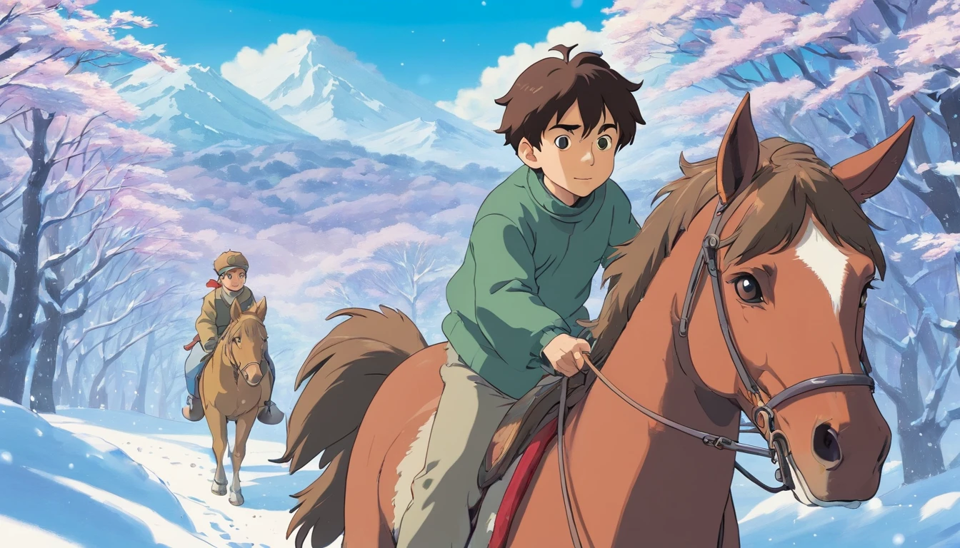 A young man rides a horse in the snow, high-quality face
