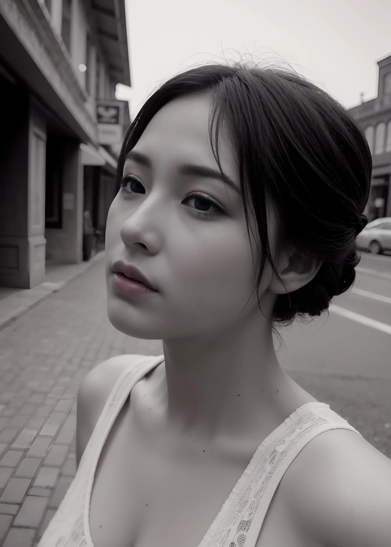 Ultra-high-quality photos、Raw photography、beautiful detailed face and eyes、(Photorealsitic:1.4)、top-quality、hight resolution、realisitic、16 K、Caustics、Core Shadow、Dinamic Light、Beautiful and delicate lips、delicate finger、Detailed pupils、Real Human Skin、(ighly detailed)、Raw photography、Sitting Woman、21years old、Faint lips、cowboy shot、frombelow、(High contrast hair、 updo hair:1.36)、water eye、
(main street:1.3)The calm expression and calm breathing create a calm atmosphere。。