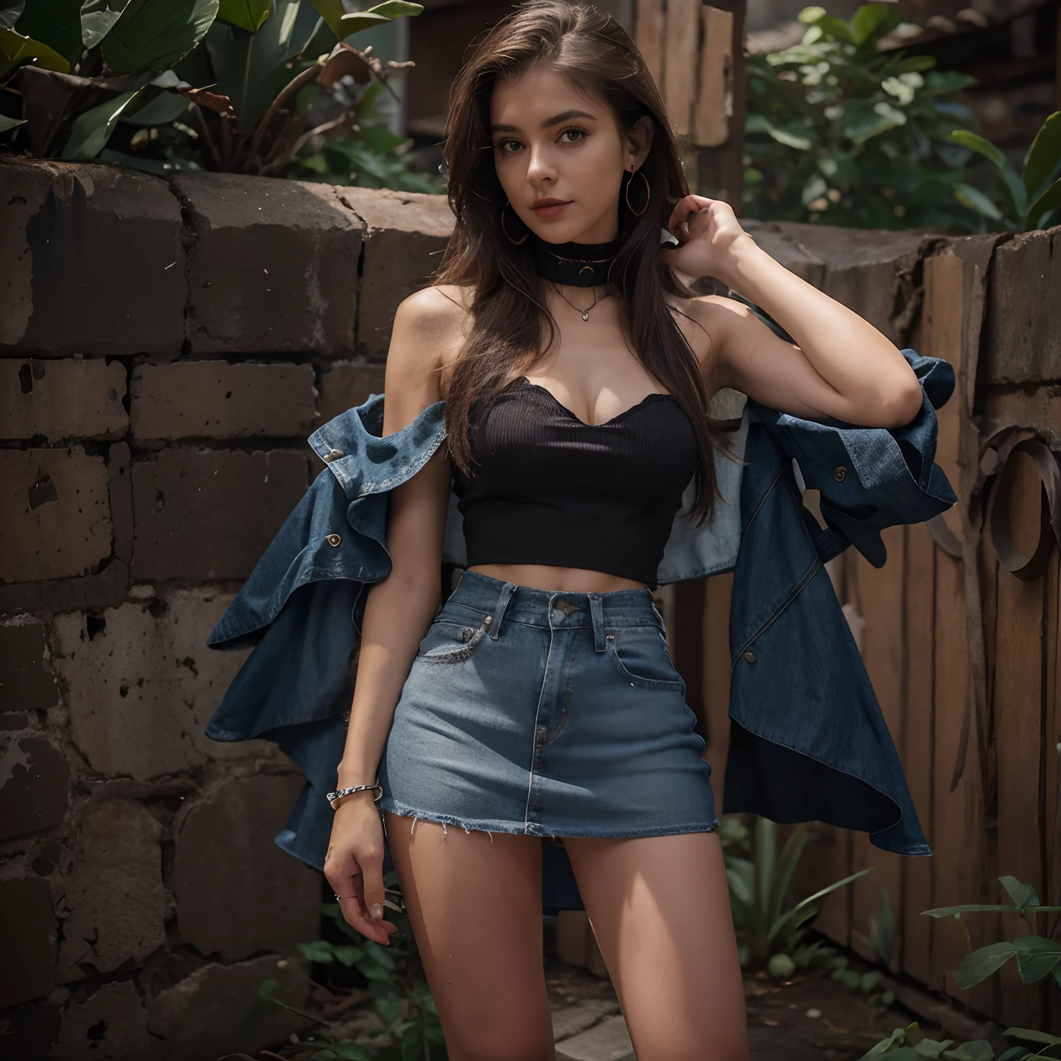 Garota loira de 19 anos, nua, nsfw, muito bonita, athletic, cabelos loiros, olhos azuis, red-lips, franja, usando short denim skirt, saia muito curta, pernas grossas, pernas bonitas, cintura estreita, botas de coxa de couro preto, saia denim curta, denim mini-skirt, mini-saia, saia curta azul, cinto de couro preto, seios pequenos, mamilos rosados, porcelain skin, The girl is wearing a black leather choker, The girl is standing on a dungeon, uma masmorra com paredes de pedra, ambiente interno, masmorra iluminada por archotes, tochas nas paredes
