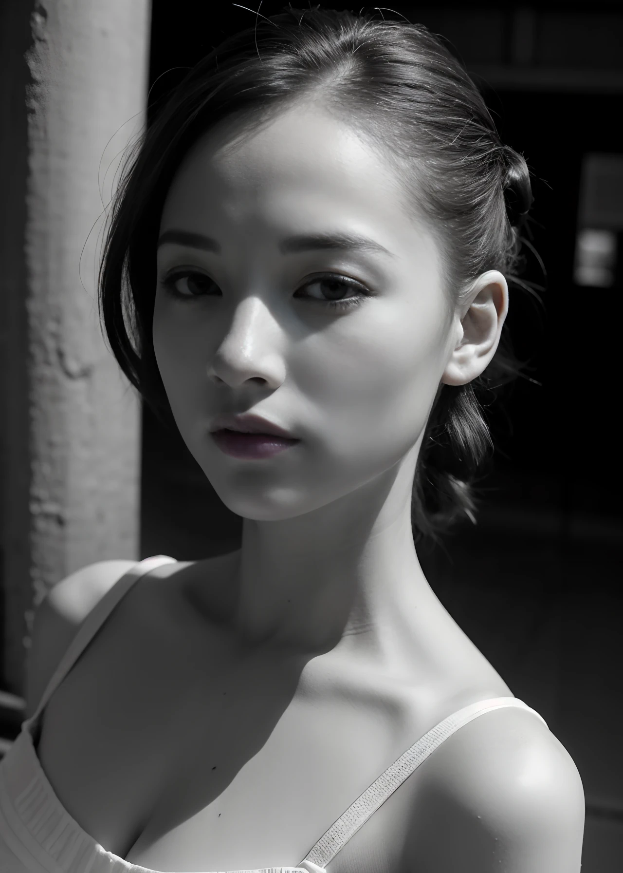 Ultra-high-quality photos、Raw photography、beautiful detailed face and eyes、(Photorealsitic:1.4)、top-quality、hight resolution、realisitic、16 K、Caustics、Core Shadow、Dinamic Light、Beautiful and delicate lips、delicate finger、Detailed pupils、Real Human Skin、(ighly detailed)、Raw photography、Sitting Woman、21years old、Faint lips、cowboy shot、frombelow、(High contrast hair、 updo hair:1.36)、water eye、
(main street:1.3)The calm expression and calm breathing create a calm atmosphere。。