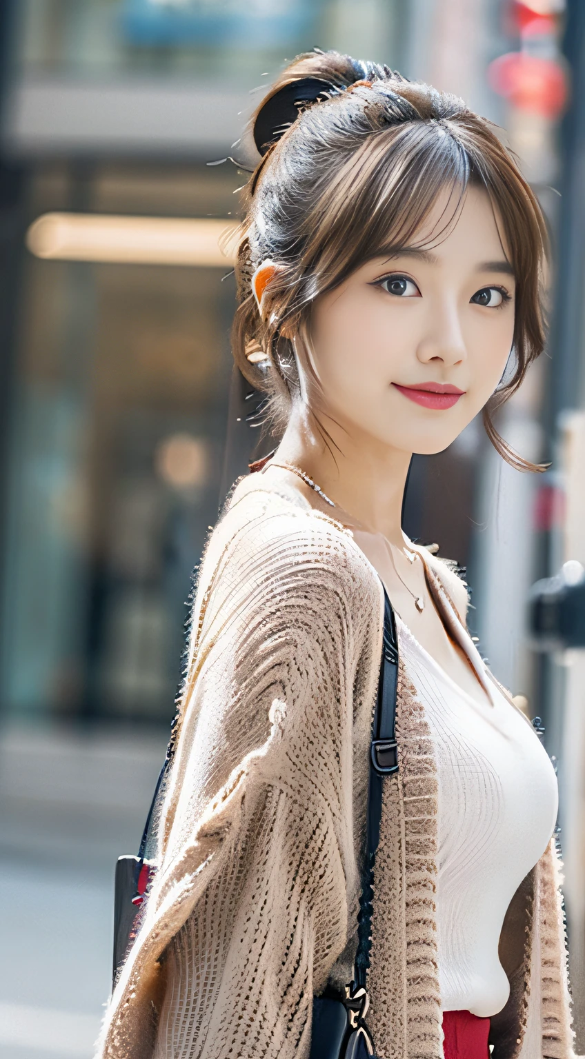 (32K,high-detail,high detal,hight resolution,highdensity,独奏,Lori:1.3),(Realistic people,Live action,A detailed eye,High resolution eyes,Fine eyes,Eyes that look like they are alive,beautiful dark blue eyes,Fishing eyes,Detailed lips,Crystal clear white skin,detailed realistic faces:1.3),(Japanese ido,Korean Idols,model in Japan,Korean models:1.2),(with a flushed face,natural make up,a necklace,piercings:1.4)(blouse,Red pumps with high heels,Wide pants,Red cardigan,Business Casual Fashion:1.6),(well-shaped breasts:1.5),(Young but very beautiful and elegant Japan people16 year old beautiful girl,Dark pretty eyes,Smile a little coldly,facing back,turned around,Looking at the camera,Fashion Leader,Business Girl,Soft skin,Unforgettable eyes,Her eyes are too beautiful,Business Pants Fashion,Pink Short Cut Low Ponytail:1.6),(showing your whole body,Show full-body fashion,:1.7)