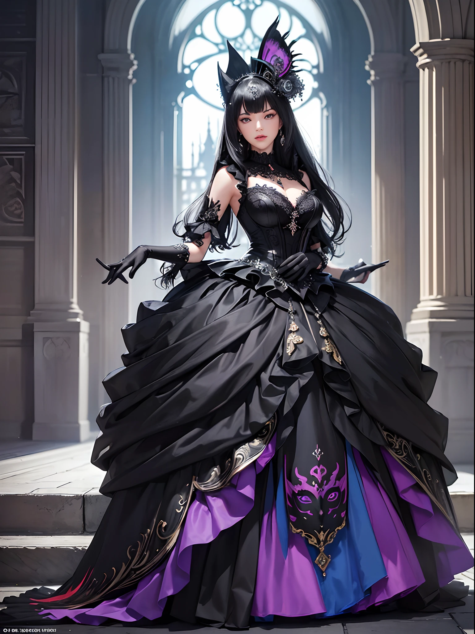 Black cat motif、Black and silver tones、Vibrant colors、((masterpiece)))、(((top-quality)))、((ultra-detailliert))、(A hyper-realistic)、(highly detailed CGillustration)、Official art、London at the beginning of the 20th century、Decadent、Mrs. Black Cat、Masquerade、Elegance、Masks that cover most of the face、Colorful and detailed mask design、matchless beauty、Fans、gorgeous dress、jewely、Perfect Angle、looking left、perfect-composition、full body Esbian