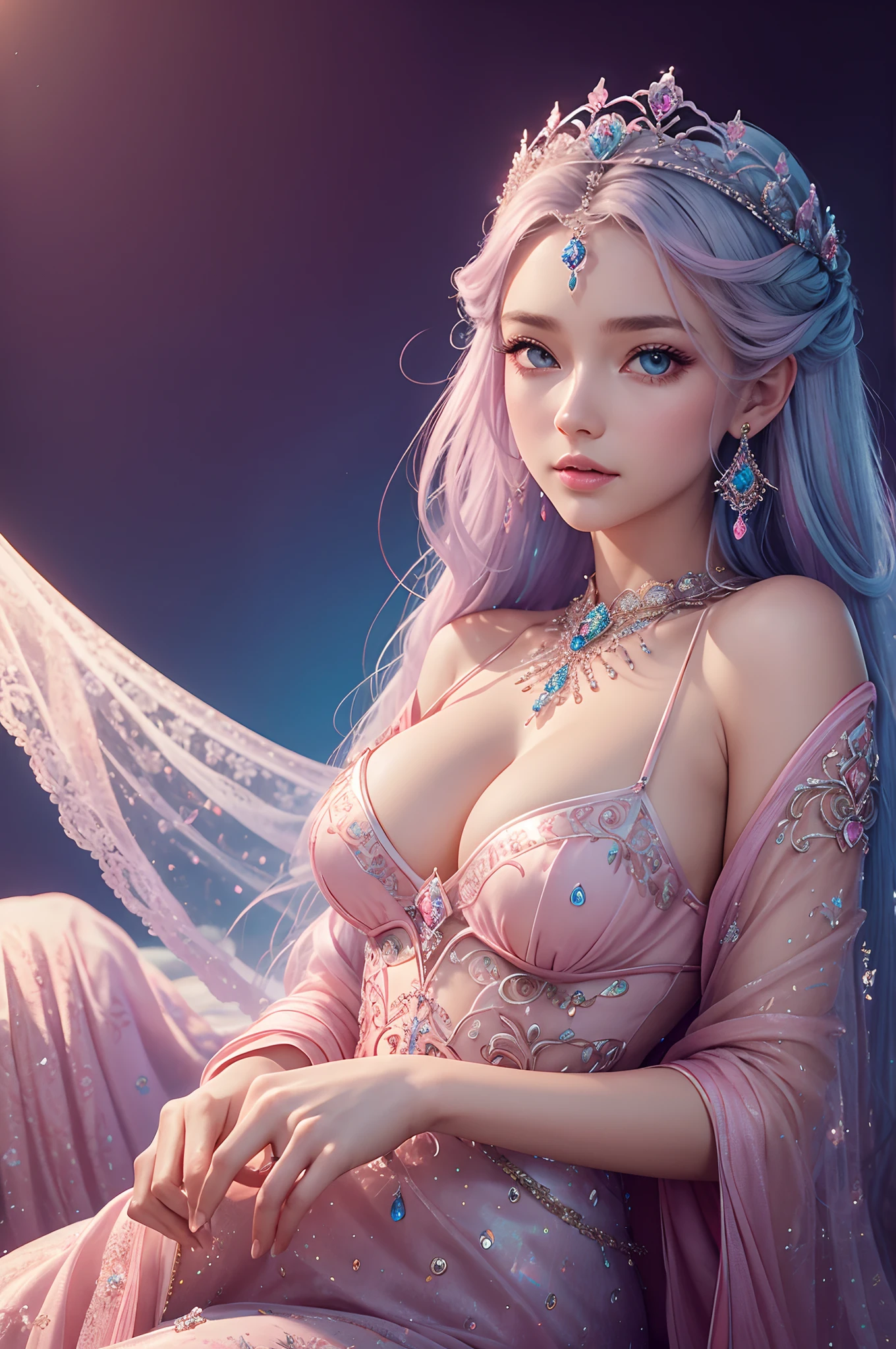 surreal, soft pink flowing hair,big eyes,full frame,full tiara,jewelry,filigree,luxurious pale blue outfit, from iridescent scales with decor,aesthetics of the female body, sophisticated,with floral elements,detailing,hd,delicate background, rainbow,magic,bohemian photo,shine, gloss,magical,beautiful, enchanting, colorful,bright studio lighting,iso800,30 mm lens,f/16,art deco,sweet fantasy,avery fantasy,cgi,1024K,professional photo,photorealism